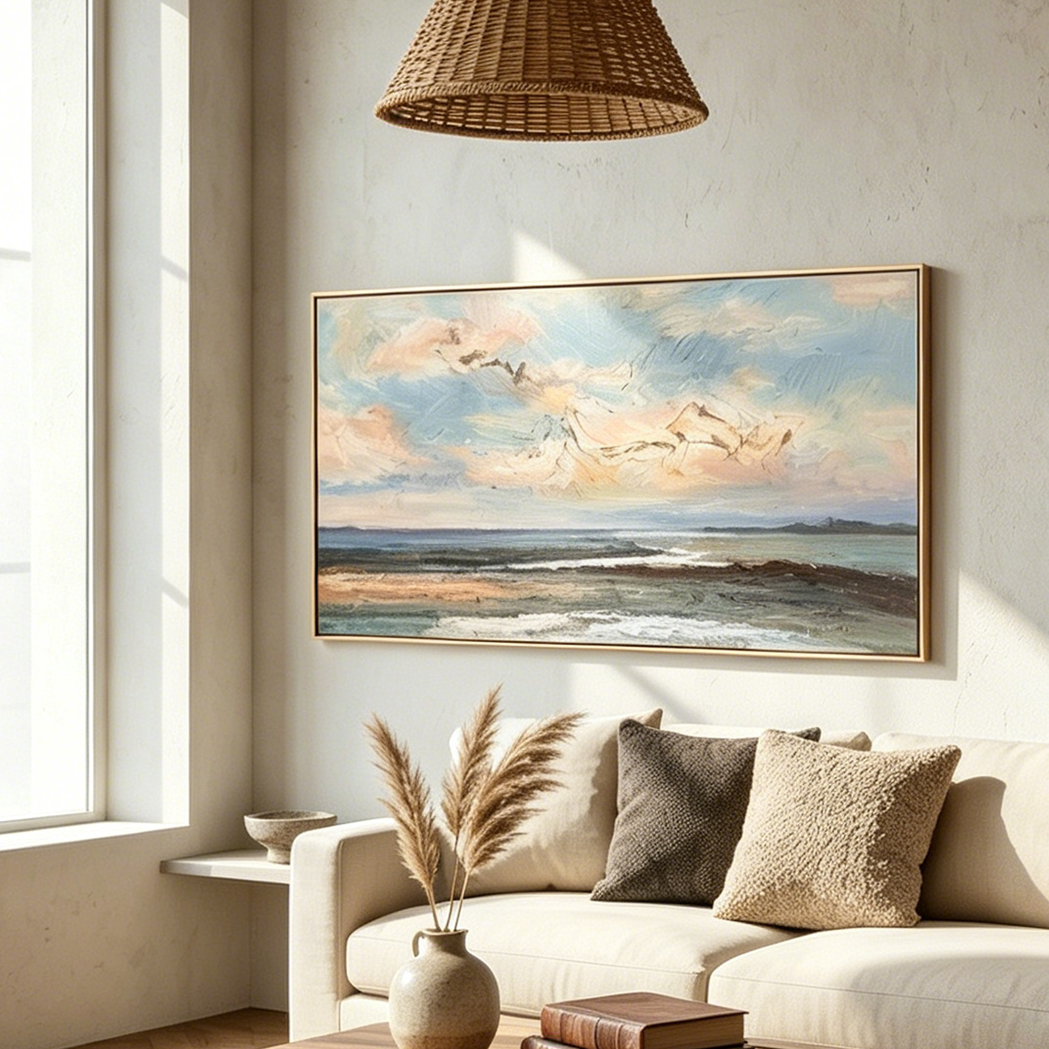 "The Coastal Prelude" – Modern Impressionist Vast Seascape | Ethereal Blue & Earth Tone Horizontal Gallery Art #LC152