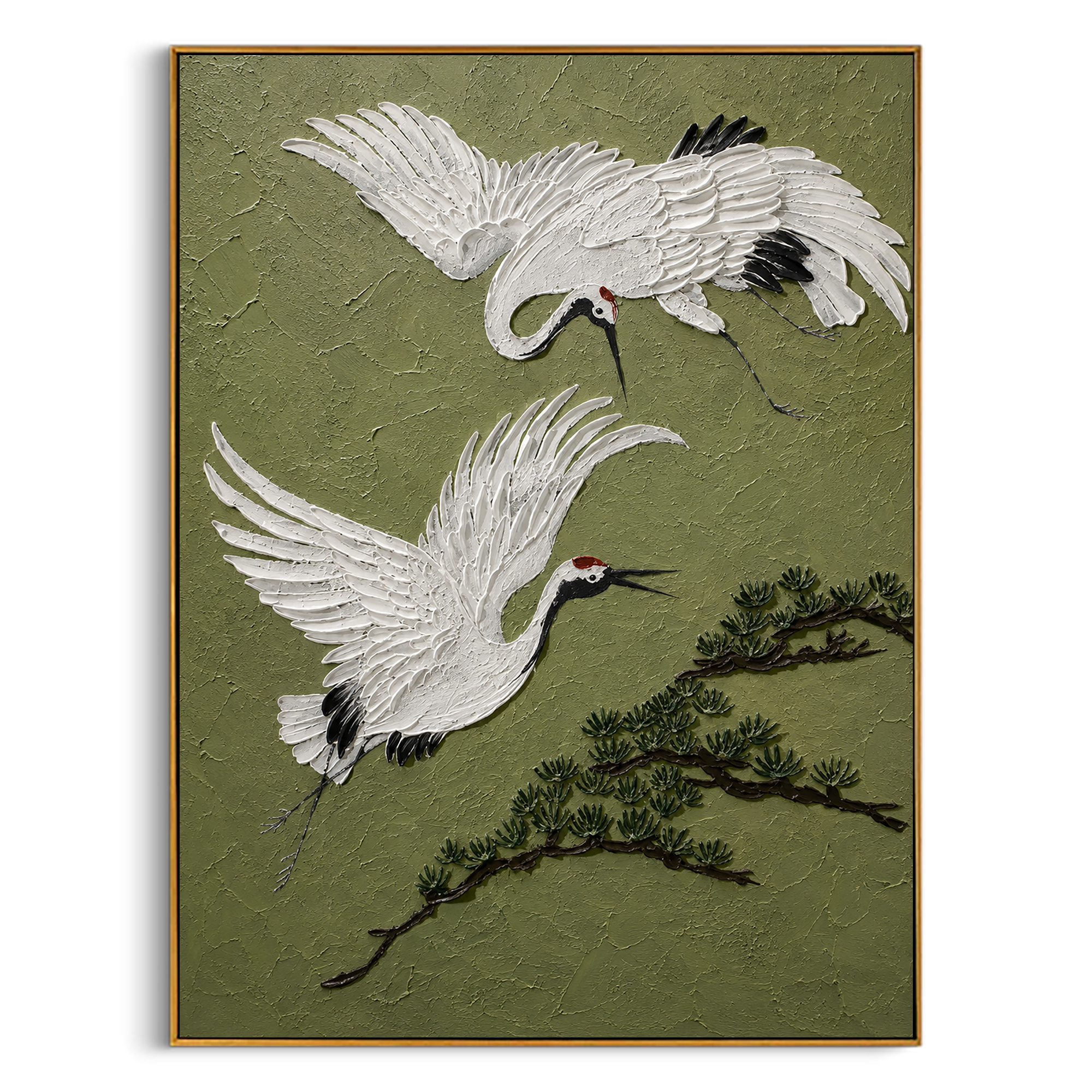 "Dual Flying Red-Crowned Cranes with Pine" – Modern Heavy Impasto Oriental Figurative Relief | 3D Muted Moss Green & Ivory White Palette Knife Painting | Luxury Vertical Wall Art #AN 151