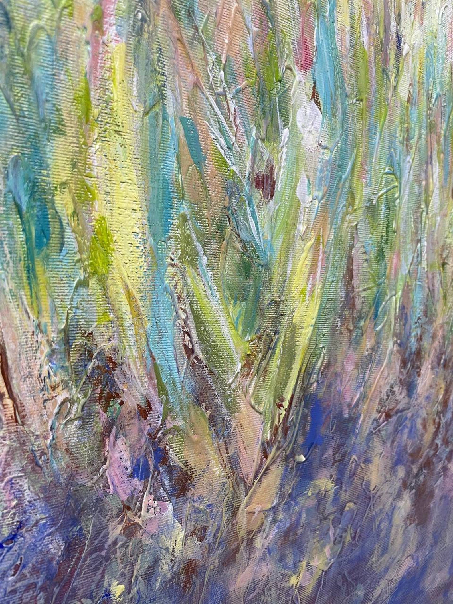 "Lavender Wildflower Meadow" - Modern Heavy Impasto Floral Abstract Landscape | 3D Violet Indigo & Soft Pastel Palette Knife Painting | Luxury Square Wall Art #PT 585