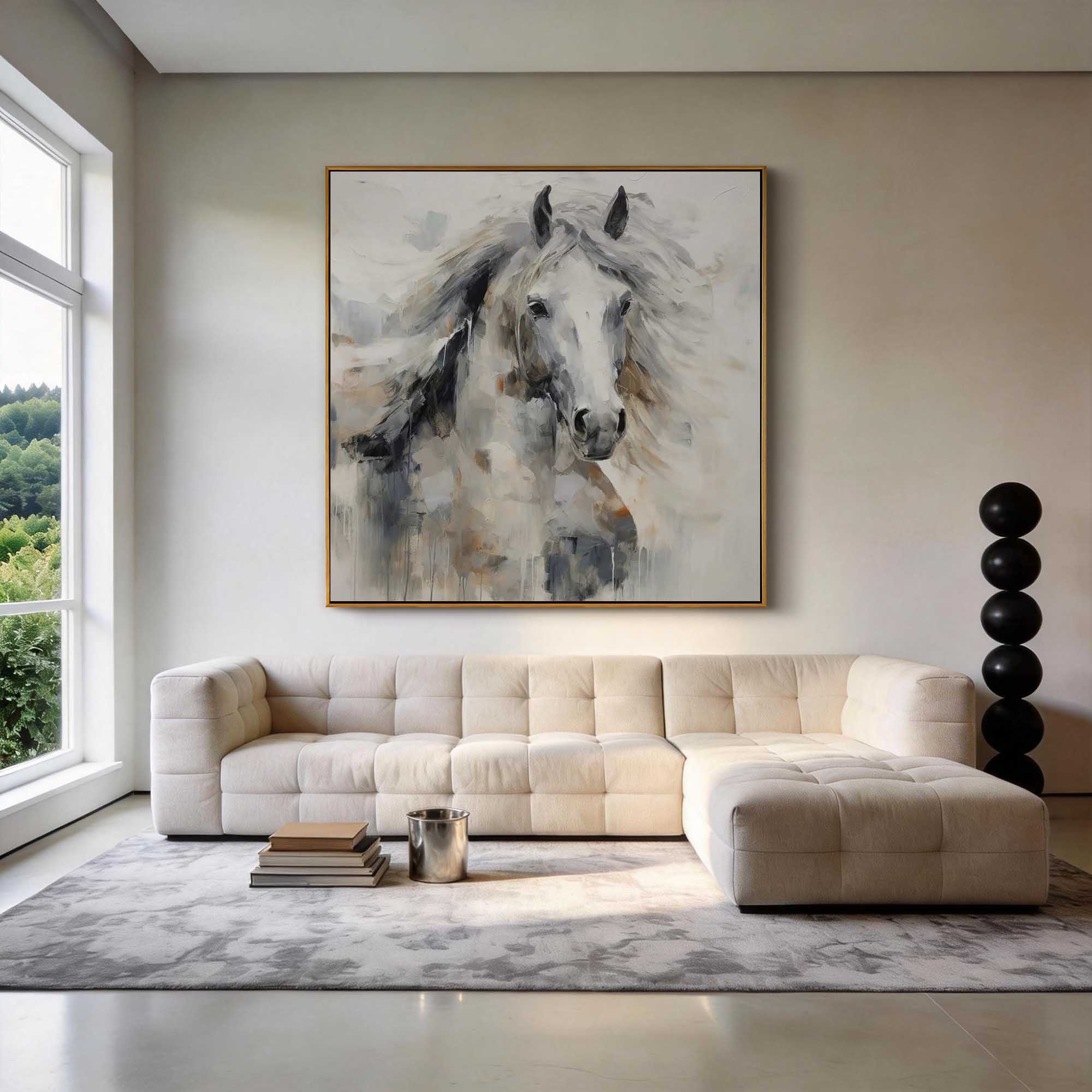 "The Silent Gallop" – Modern Expressive White Horse Impasto | Sophisticated Gray Tone 3D Texture Gallery Art #AN145