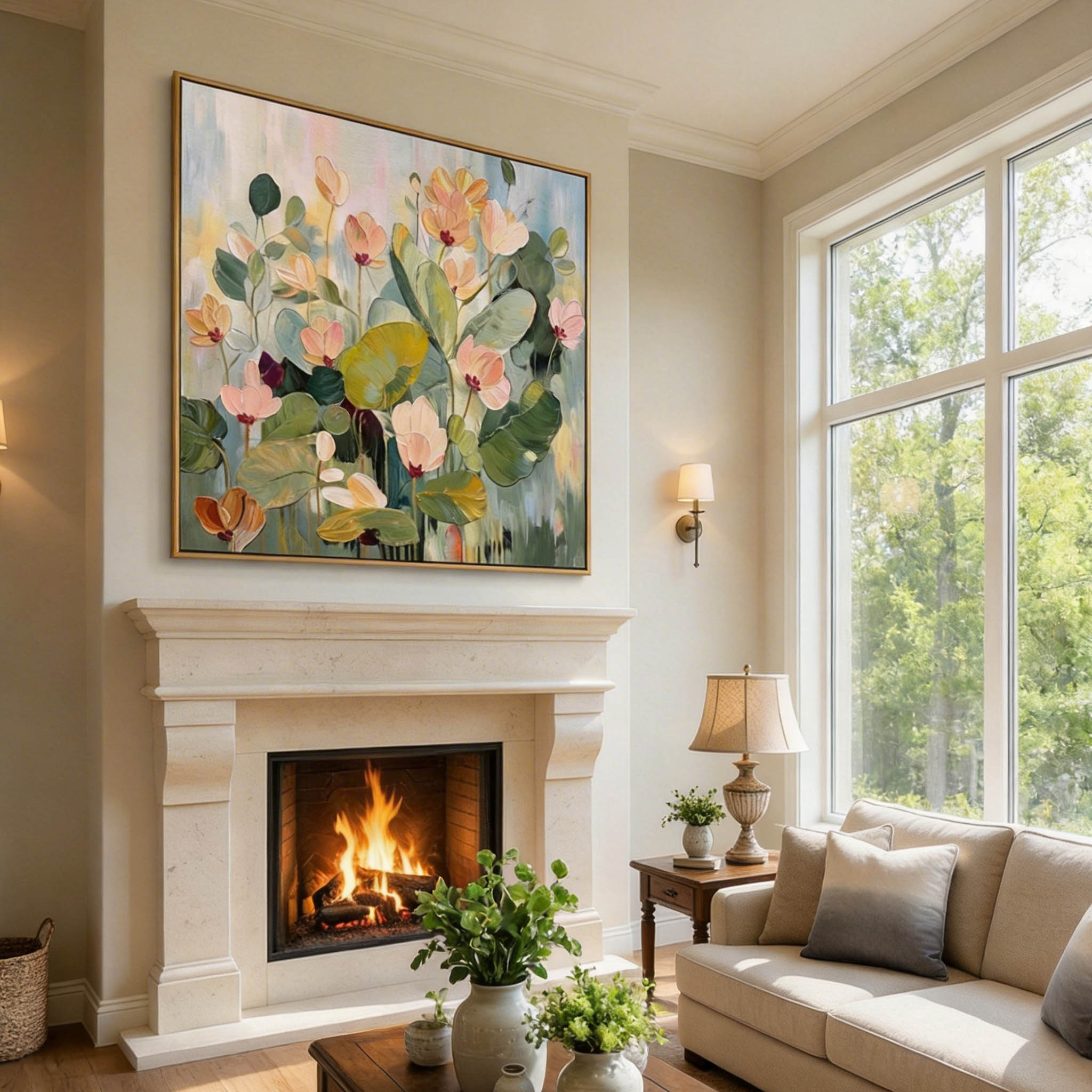 "Morning Dew" | Hand-Painted Textured Botanical Oil Painting | Soft Palette Floral Art | Canvas Artwork for Living Room | Flower Canvas Art #FL328