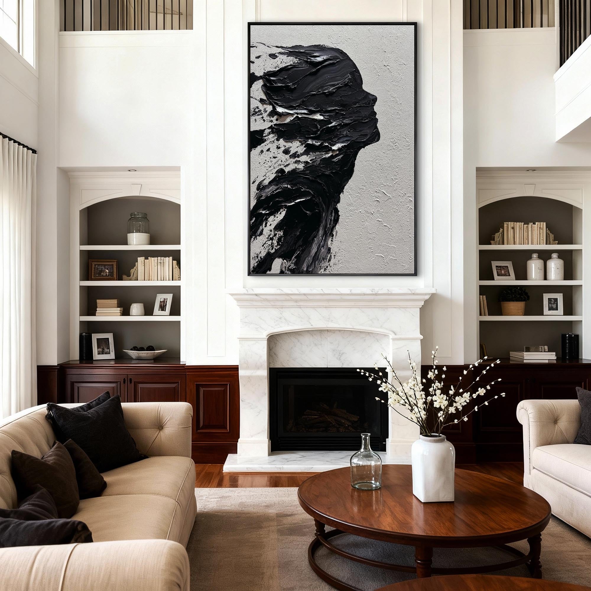 "The Silent Void" – Avant-Garde Black & White Impasto Silhouette | Modern 3D Heavy Texture Woman Portrait Art #PE467