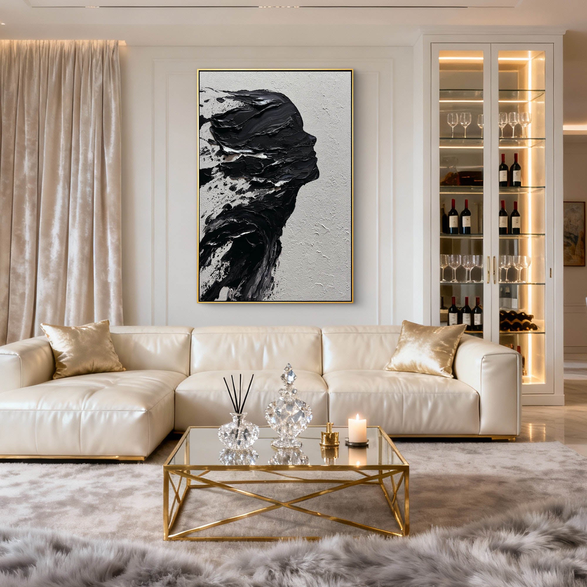 "The Silent Void" – Avant-Garde Black & White Impasto Silhouette | Modern 3D Heavy Texture Woman Portrait Art #PE467