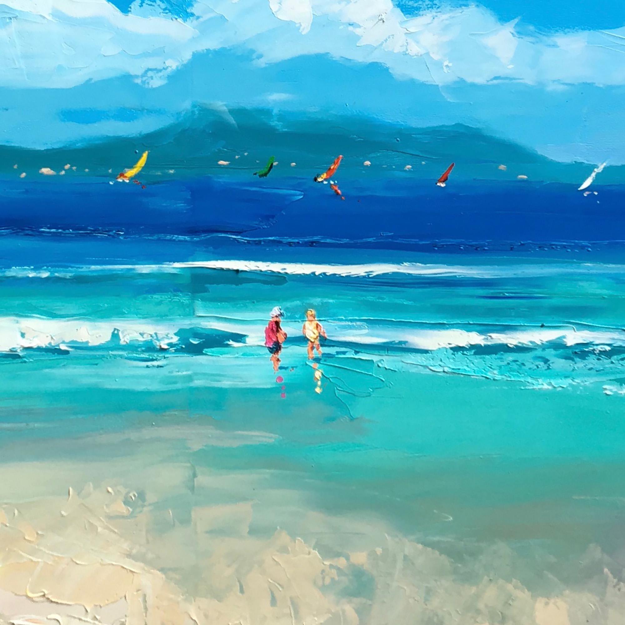 "Sunny Tropical Bay Shoreline" - Modern Heavy Impasto Impressionist Seascape | 3D Turquoise Lagoon & Warm Sand Palette Knife Painting | Luxury Horizontal Wall Art #PT 579