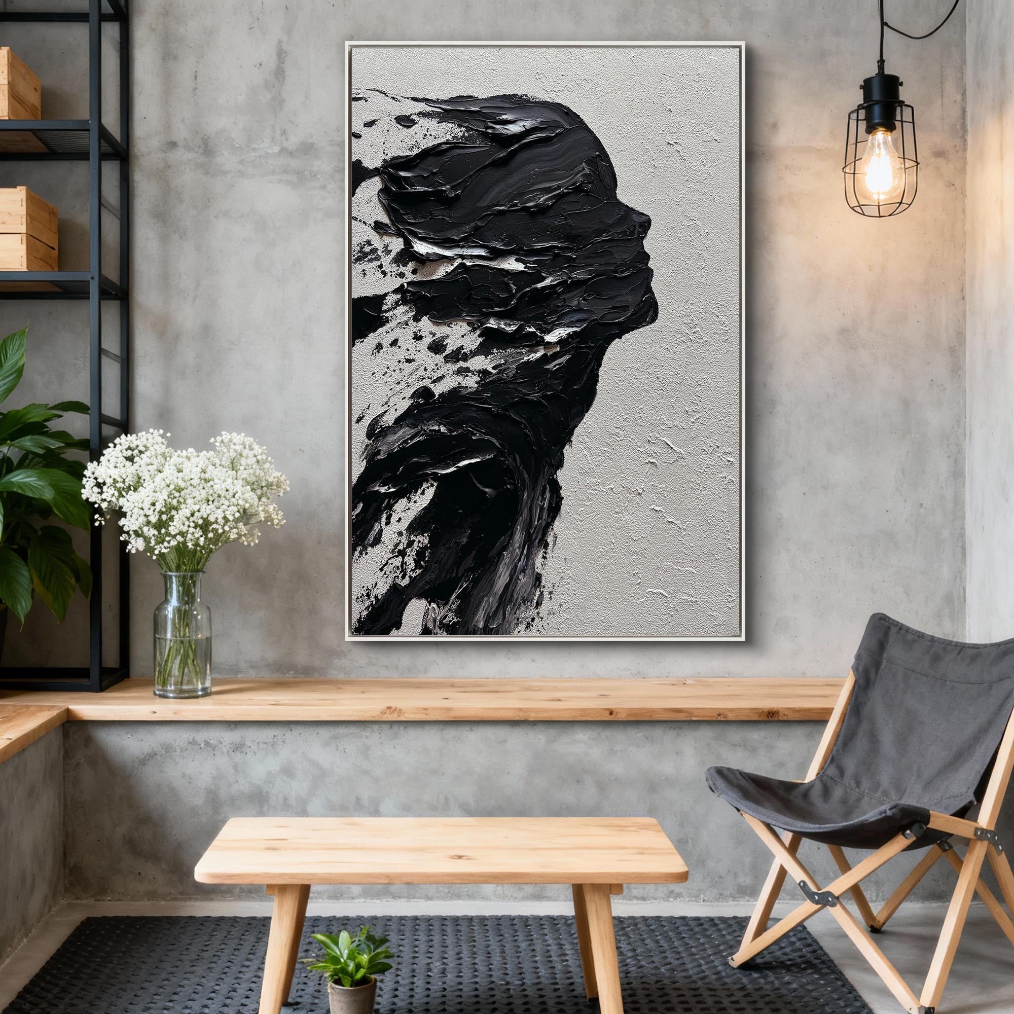 "The Silent Void" – Avant-Garde Black & White Impasto Silhouette | Modern 3D Heavy Texture Woman Portrait Art #PE467