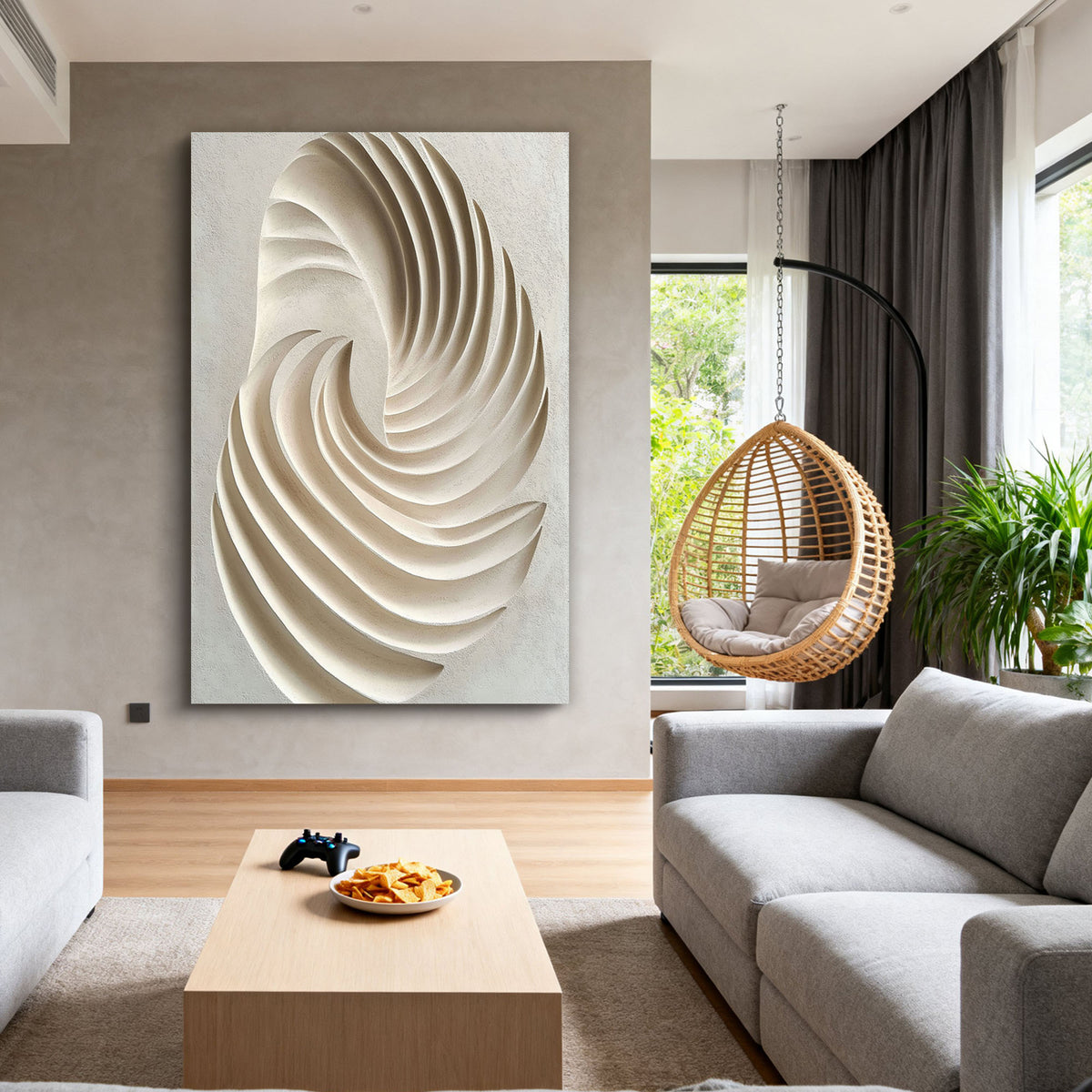 This 100% hand-crafted textured abstract artwork features a flowing spiral relief built in soft ivory and warm beige tones. The raised surface creates natural shadow and movement, making it a refined choice for living rooms, bedrooms, entryways, villas, hotels, and minimalist interiors.