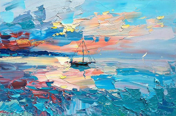 "Harbor Afterglow" - Modern Heavy Impasto Seascape | Turquoise Blue & Sunset Pink Sailboat Oil Painting | Luxury Horizontal Wall Art #PT 591