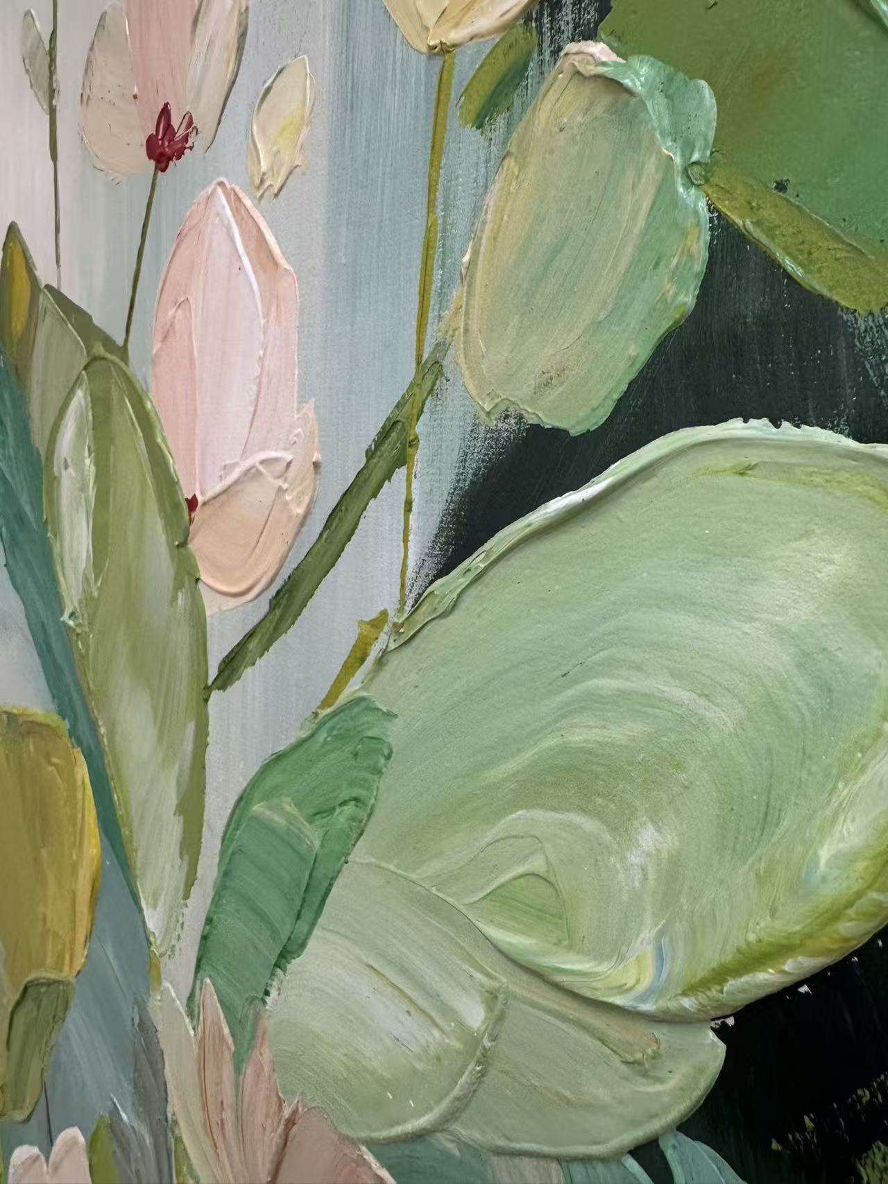 "Ethereal Growth" – Sage Green Impasto Floral Oil Painting | Modern Cream Style Textured Wall Art #FL293