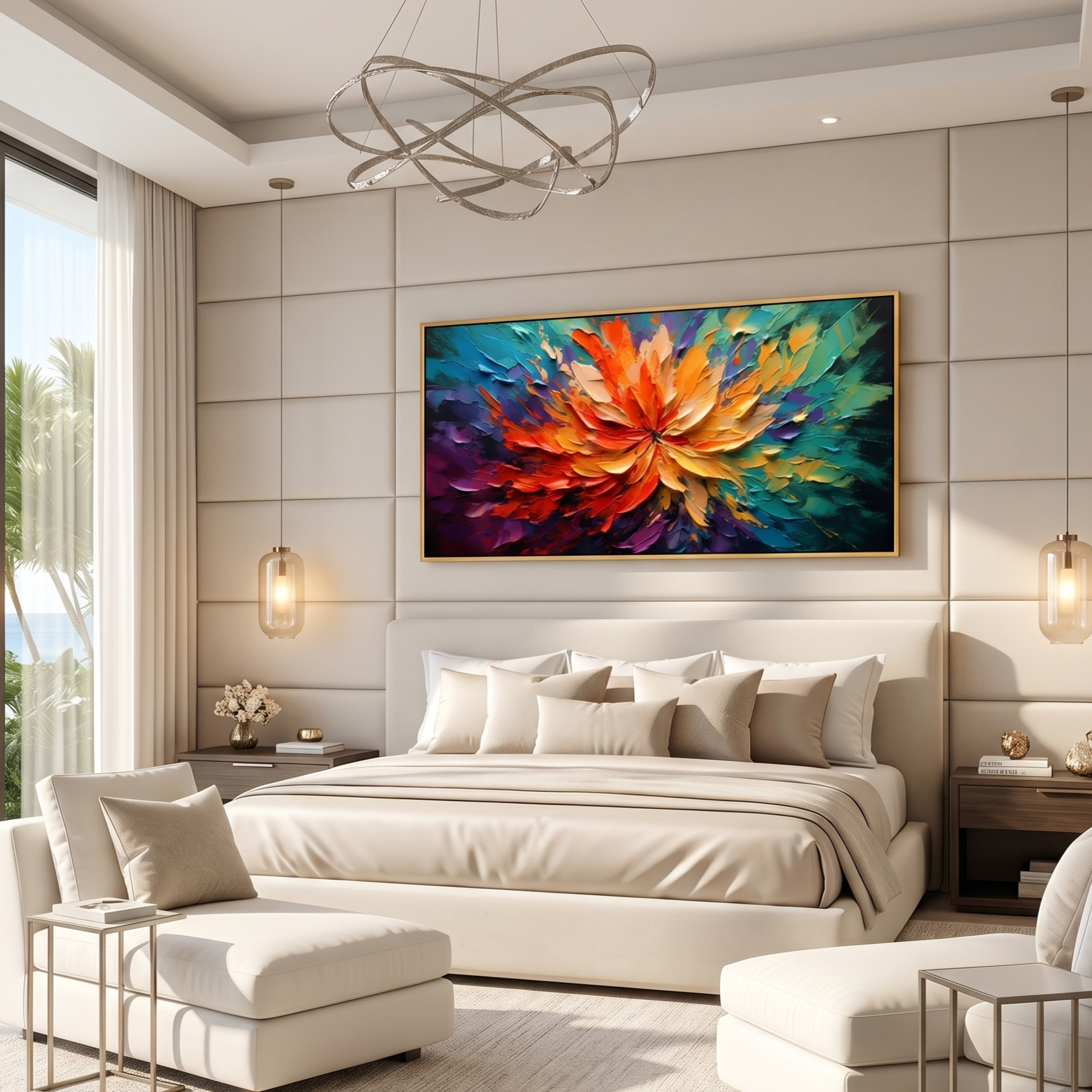 "Ember's Kiss" – Fiery Orange & Midnight Purple Panorama Impasto Painting | Modern Luxury Living Room Art#PT 495