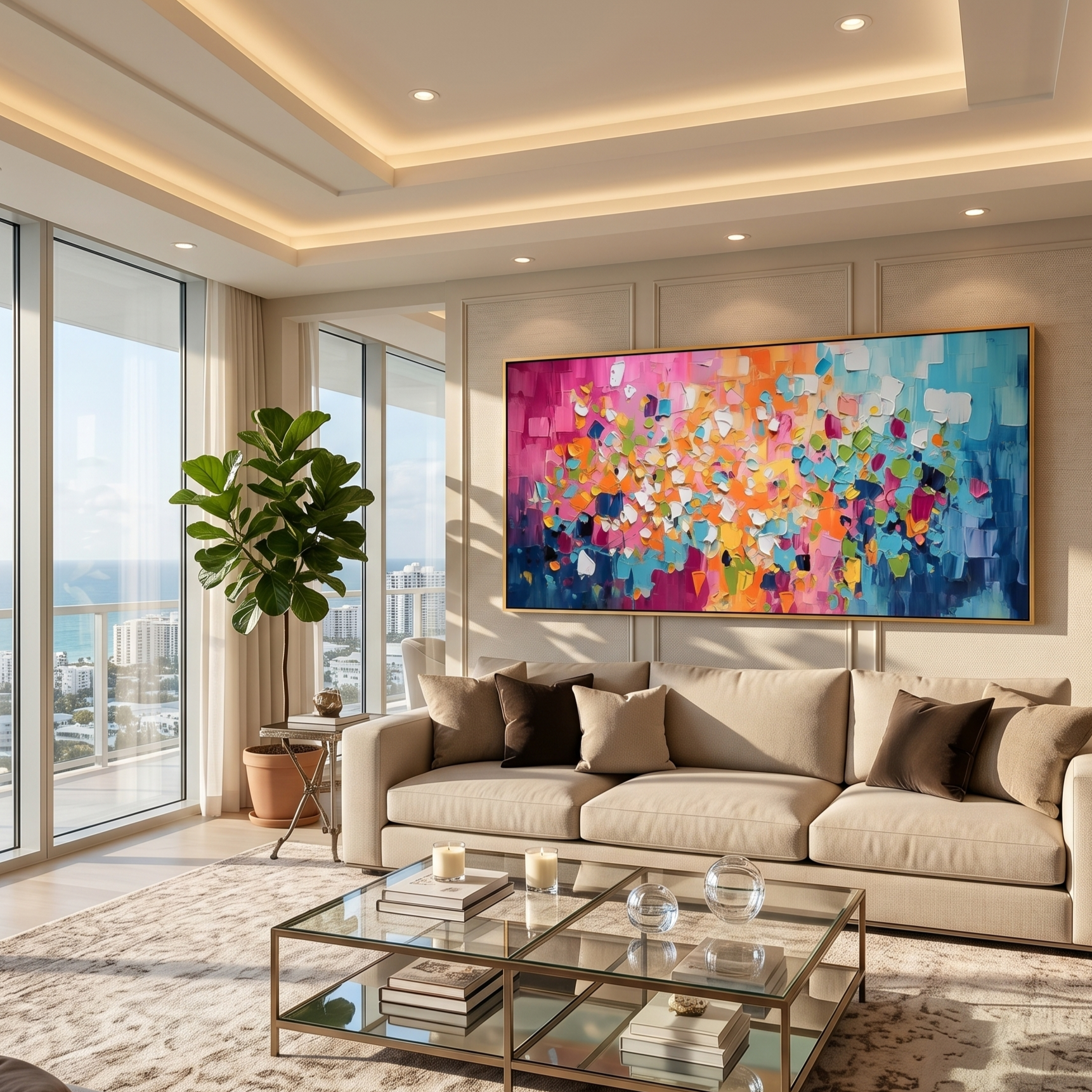 "Rainbow Rhythm" – Mosaic Block Impasto Abstract Oil Painting | Panoramic Vibrant Dopamine Wall Art#PT 494