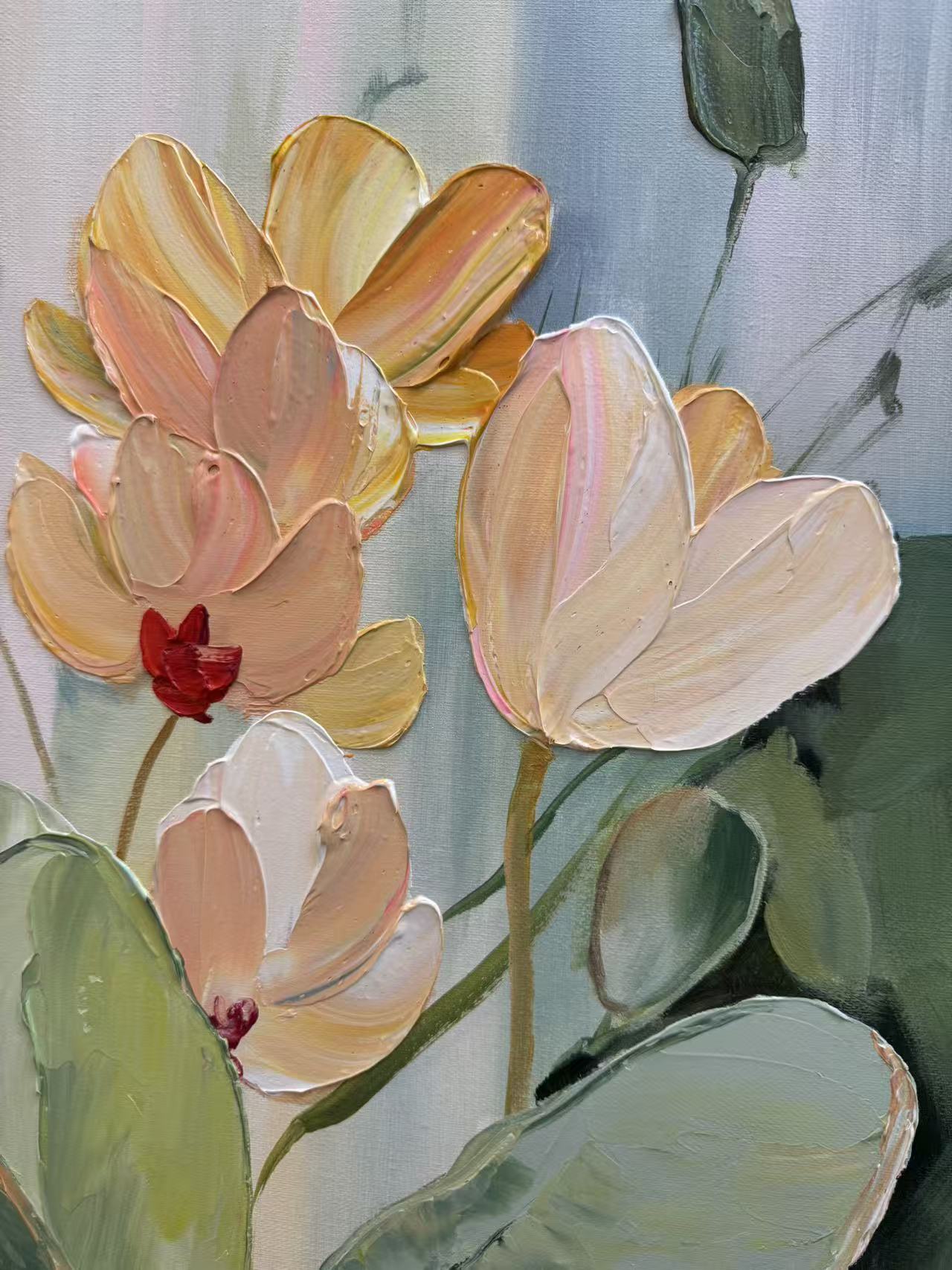 "Ethereal Growth" – Sage Green Impasto Floral Oil Painting | Modern Cream Style Textured Wall Art #FL293