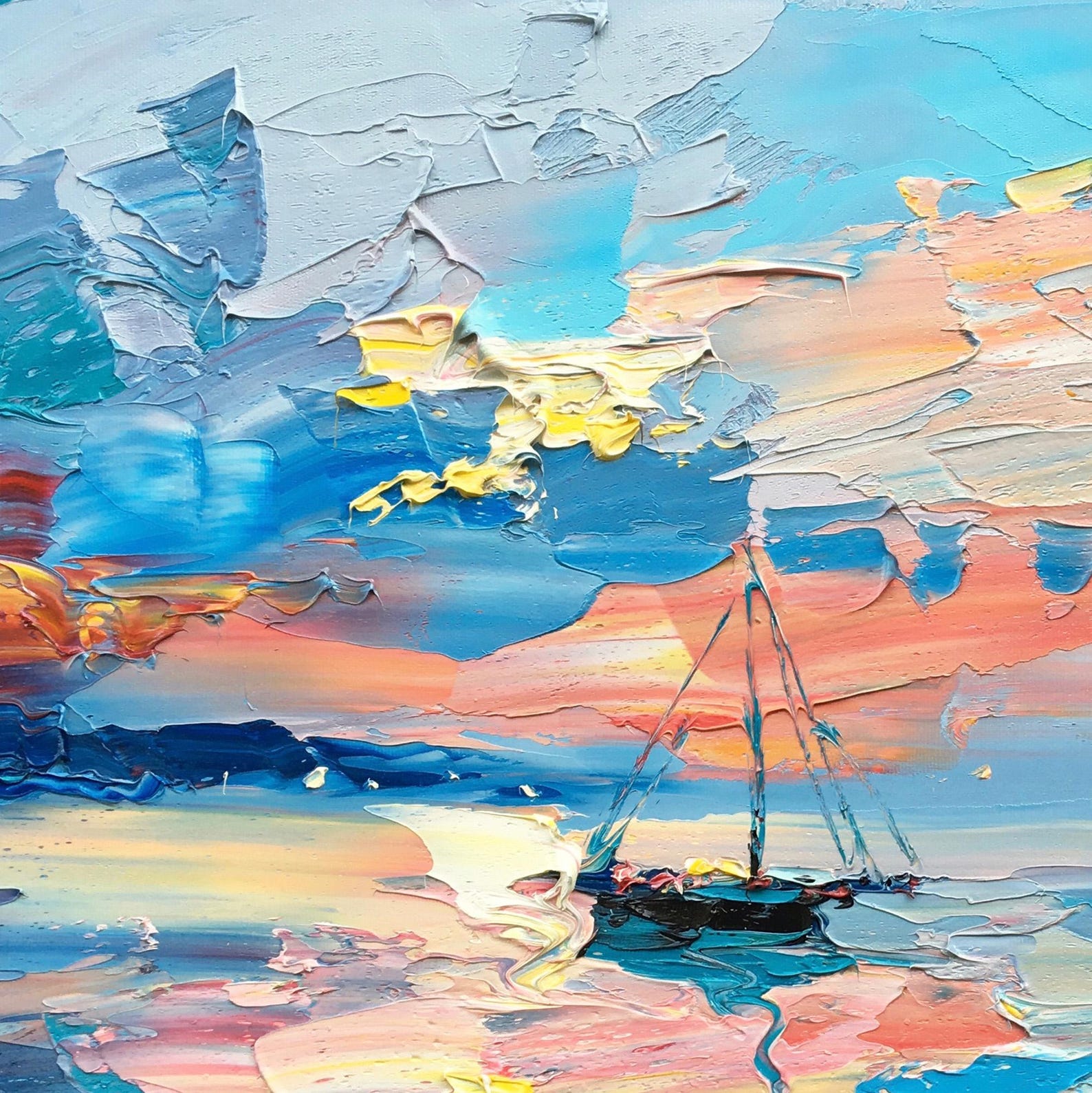 "Harbor Afterglow" - Modern Heavy Impasto Seascape | Turquoise Blue & Sunset Pink Sailboat Oil Painting | Luxury Horizontal Wall Art #PT 591