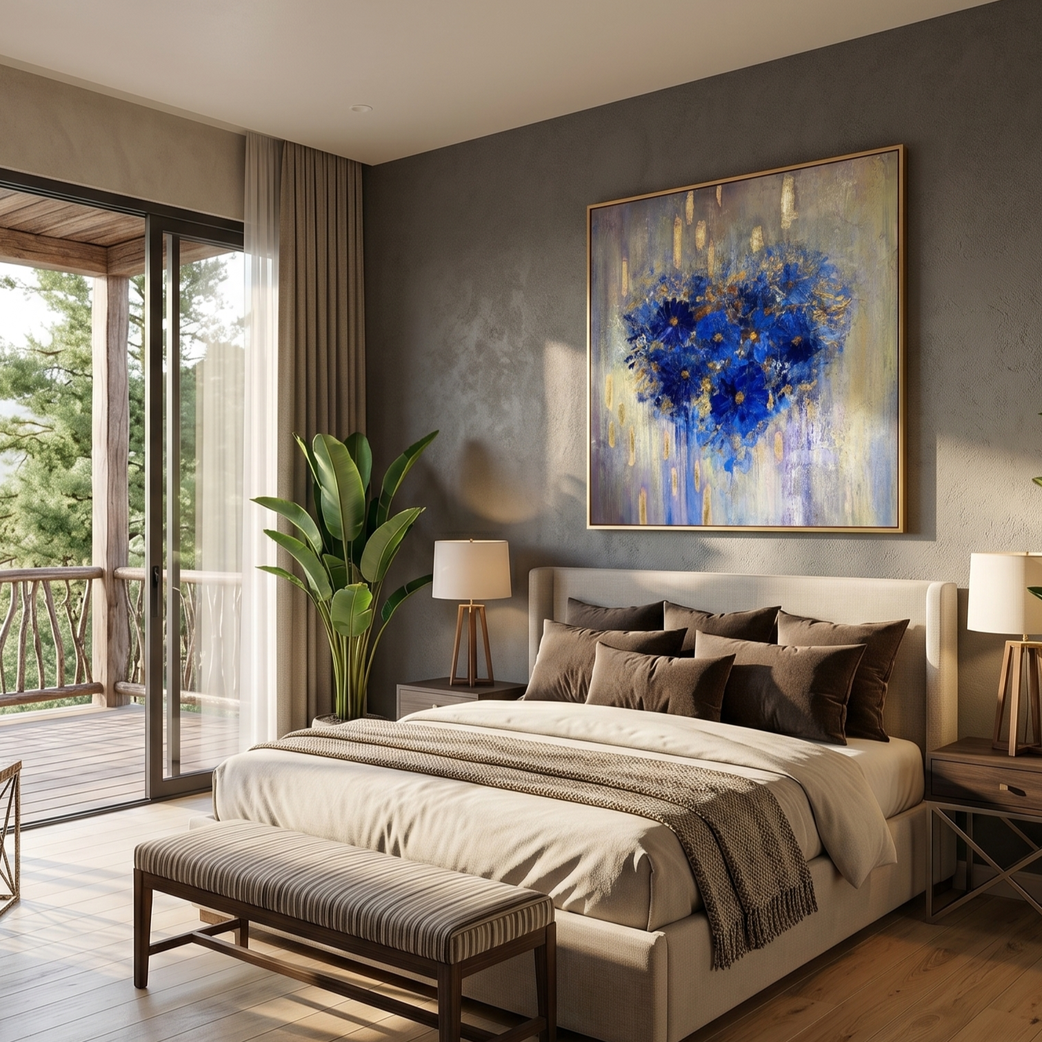 "Azure Soul" – Klein Blue Heart Floral Gold Foil Oil Painting | Modern Romantic Abstract Bedroom Wall Art#WS 224