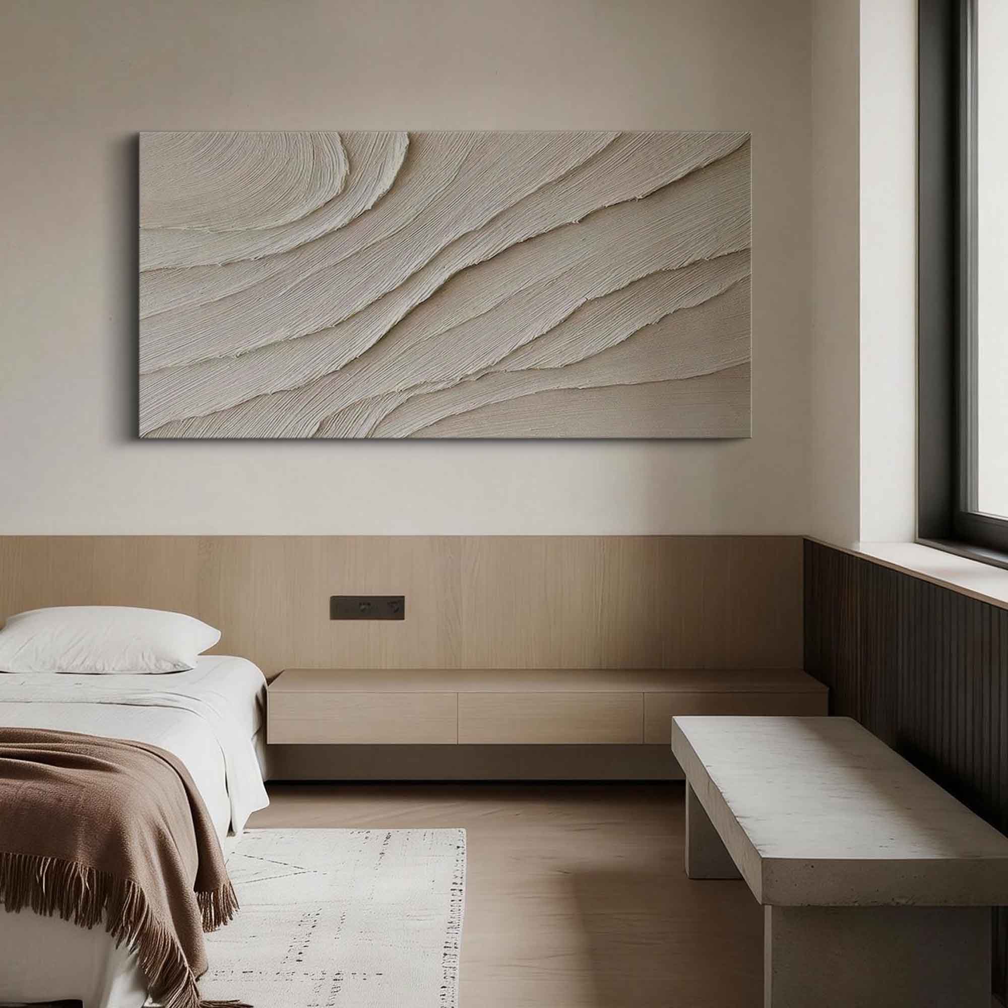 "Sands of Silence" – 3D Sculptural Scalloped Heavy Impasto | Minimalist Creamy Wabi-Sabi Horizontal Gallery Art #WS 241