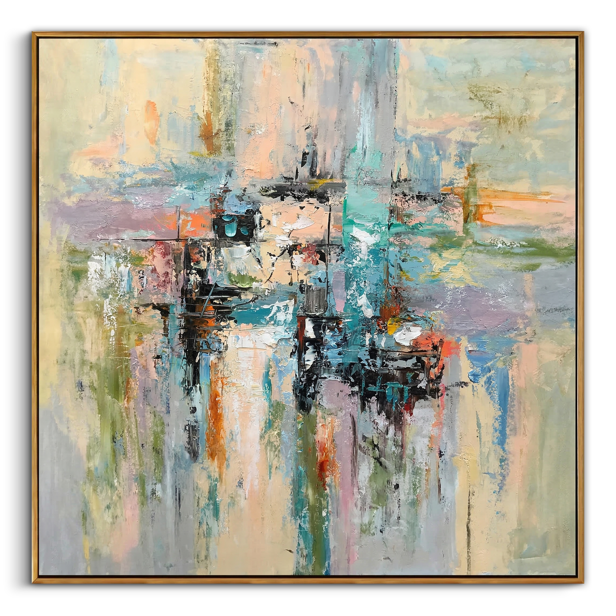 "Urban Reflection" – Modern Impressionist Waterfront Abstract | Serene Sage Green & Pastel Textured Gallery Art#AB1011