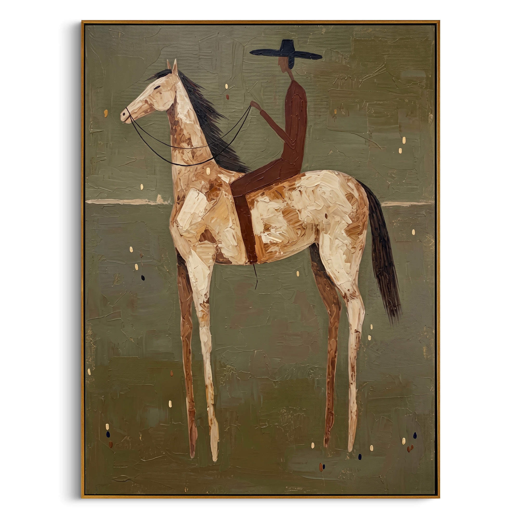 "The Rider & The Palomino" – Modern Heavy Impasto Western Art | 3D Olive & Caramel Palette Knife Painting | Luxury Vertical Wall Art #AB 496