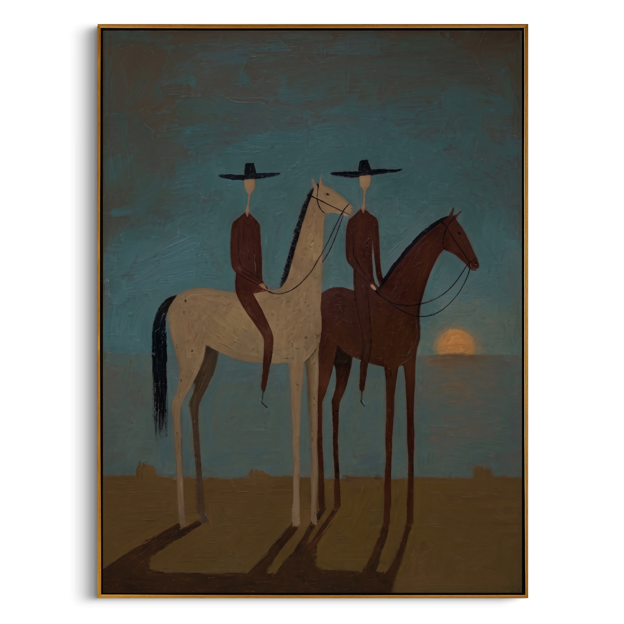 "Dusk Companions" – Modern Minimalist Impasto Western Art | 3D Teal & Sepia Palette Knife Painting | Luxury Vertical Wall Art #AB 503