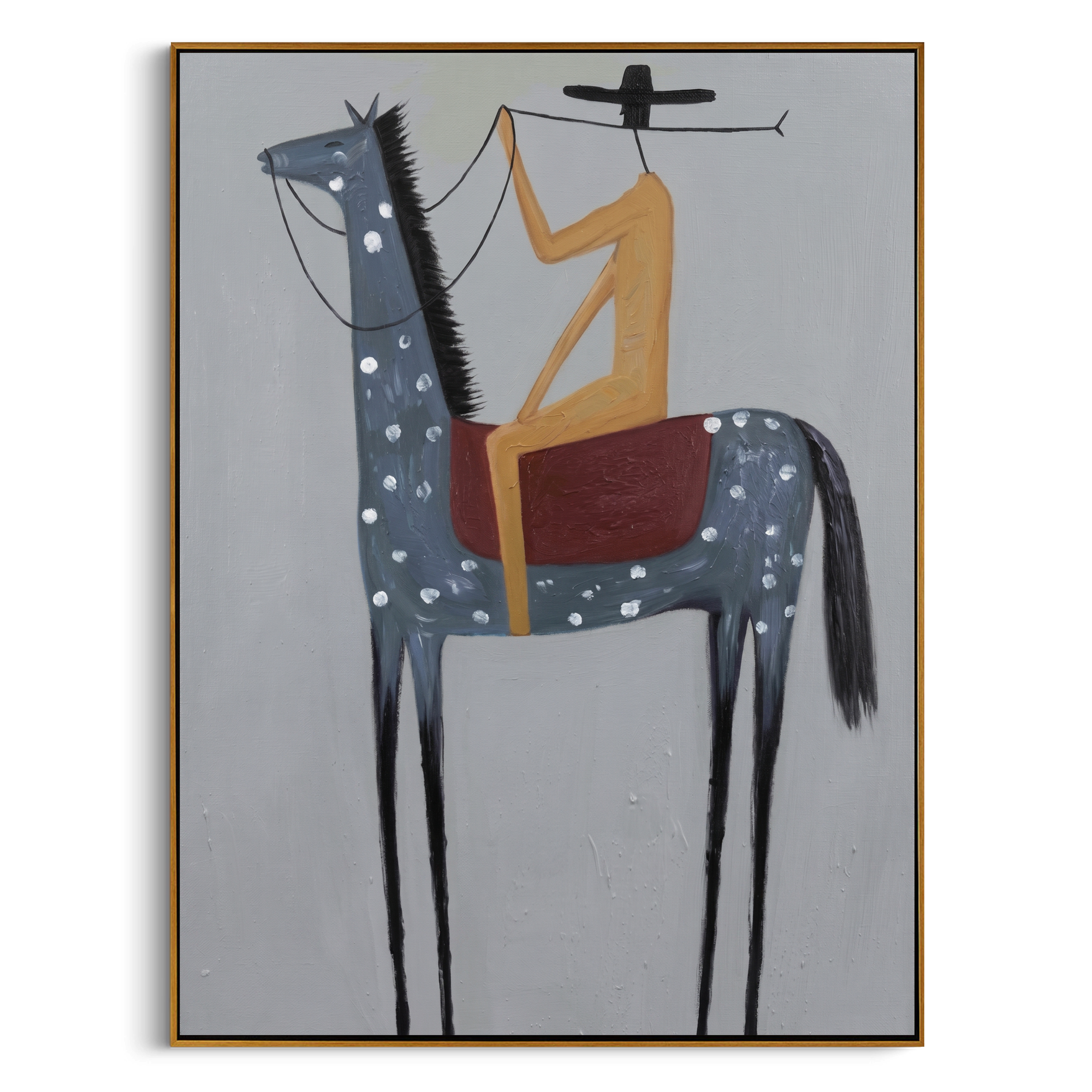 "Solitary Western Rider" – Modern Heavy Impasto Minimalist Figurative | 3D Slate Blue & Sand Ochre Palette Knife Painting | Luxury Vertical Wall Art #AB 504