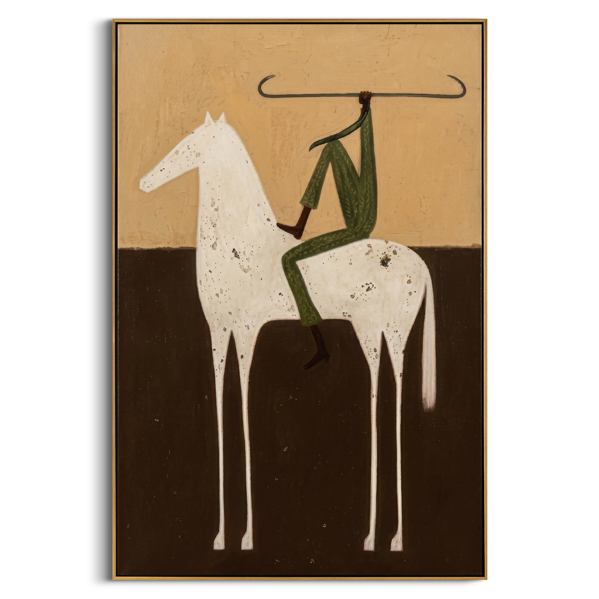"Minimalist Speckled Steed Rider" – Modern Heavy Impasto Figurative Art | 3D Ochre & Forest Green Palette Knife Painting | Luxury Vertical Wall Art #AB 505