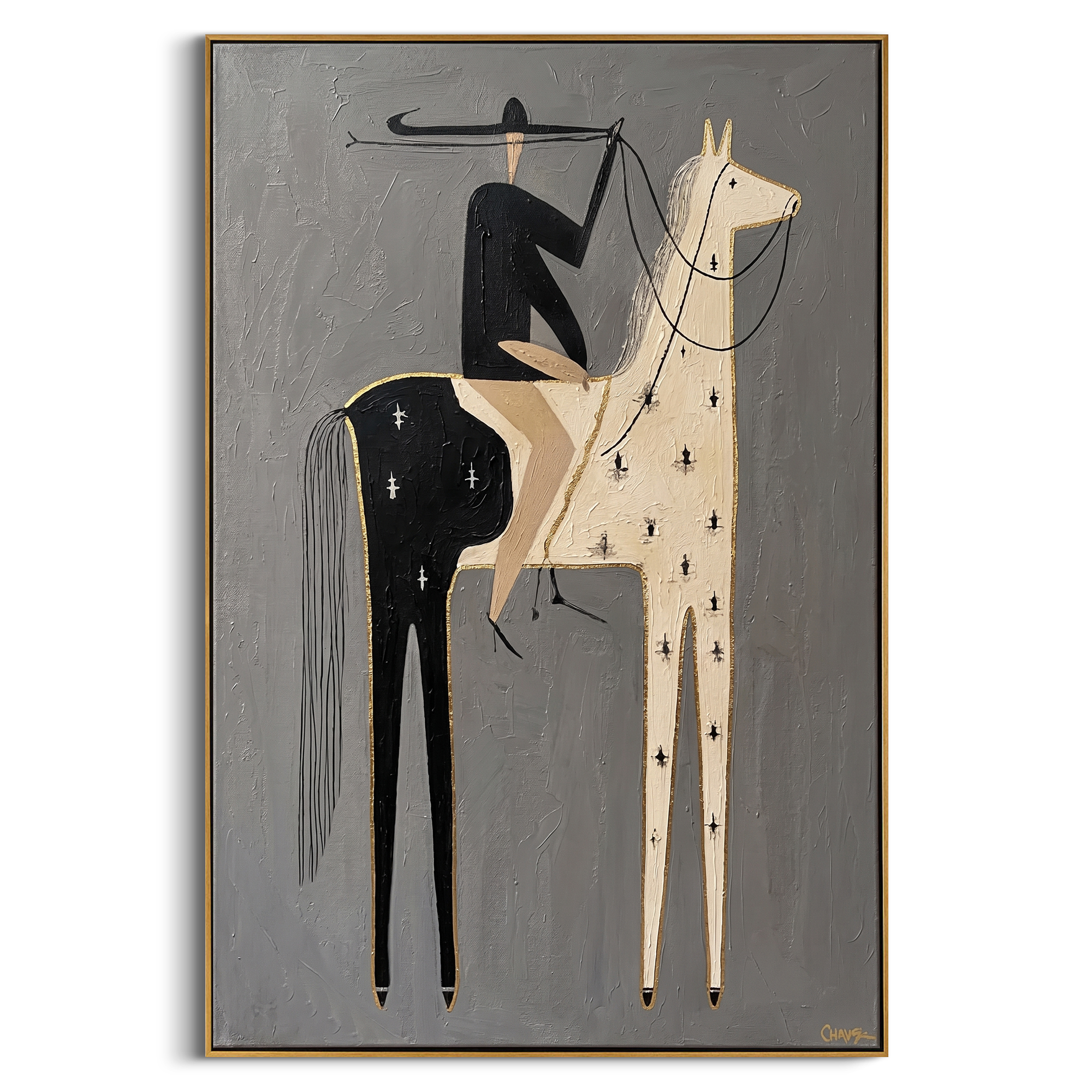 "Gilded Split-Hide Cowboy" – Modern Heavy Impasto Minimal Western Figurative | 3D Ash Gray & Ivory Black with Gold Trim Palette Knife Painting | Luxury Vertical Wall Art #AB 511