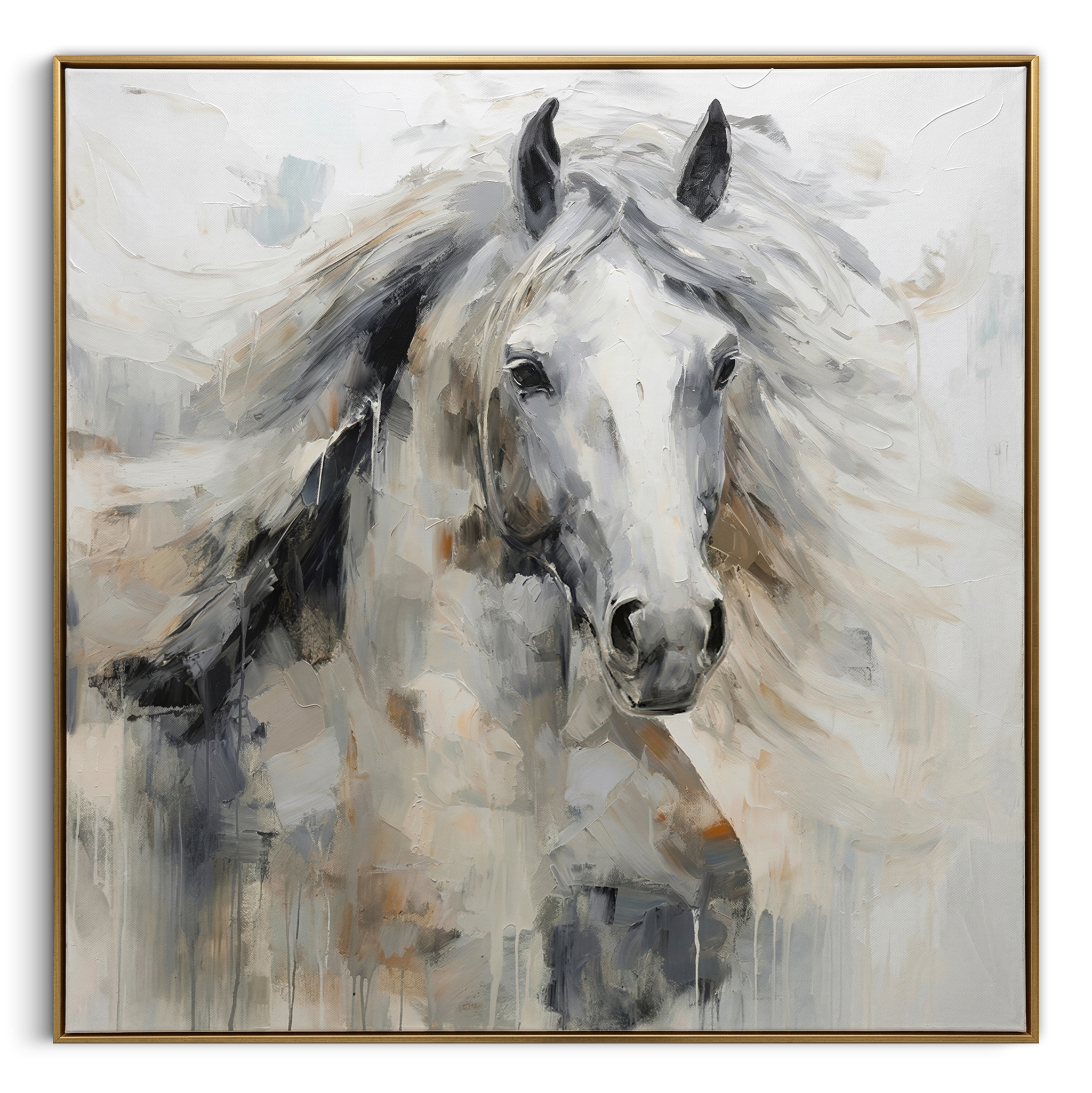 "The Silent Gallop" – Modern Expressive White Horse Impasto | Sophisticated Gray Tone 3D Texture Gallery Art #AN145