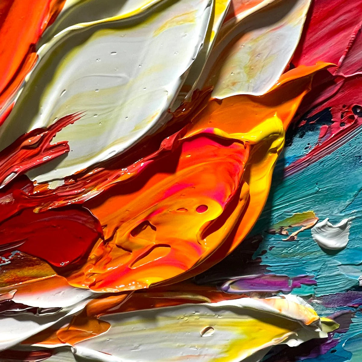 "Ignited Bloom" – Radiant Heavy Impasto Abstract Floral Oil Painting | Bold Dynamic 3D Texture Wall Art #FL302