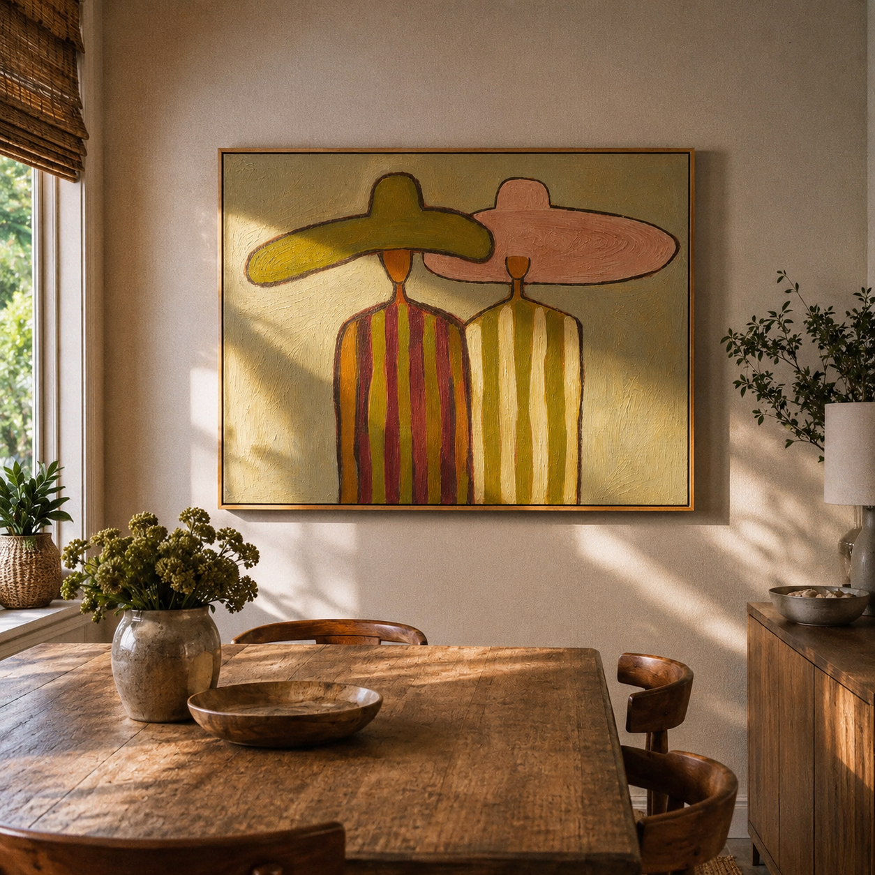 "Dual Sombrero Companions" – Modern Heavy Impasto Minimal Western Figurative | 3D Muted Olive & Dusty Blush Palette Knife Painting | Luxury Horizontal Wall Art #PE 527