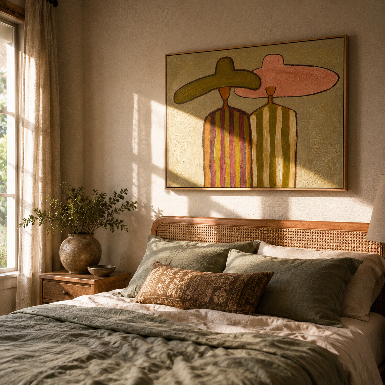 "Dual Sombrero Companions" – Modern Heavy Impasto Minimal Western Figurative | 3D Muted Olive & Dusty Blush Palette Knife Painting | Luxury Horizontal Wall Art #PE 527