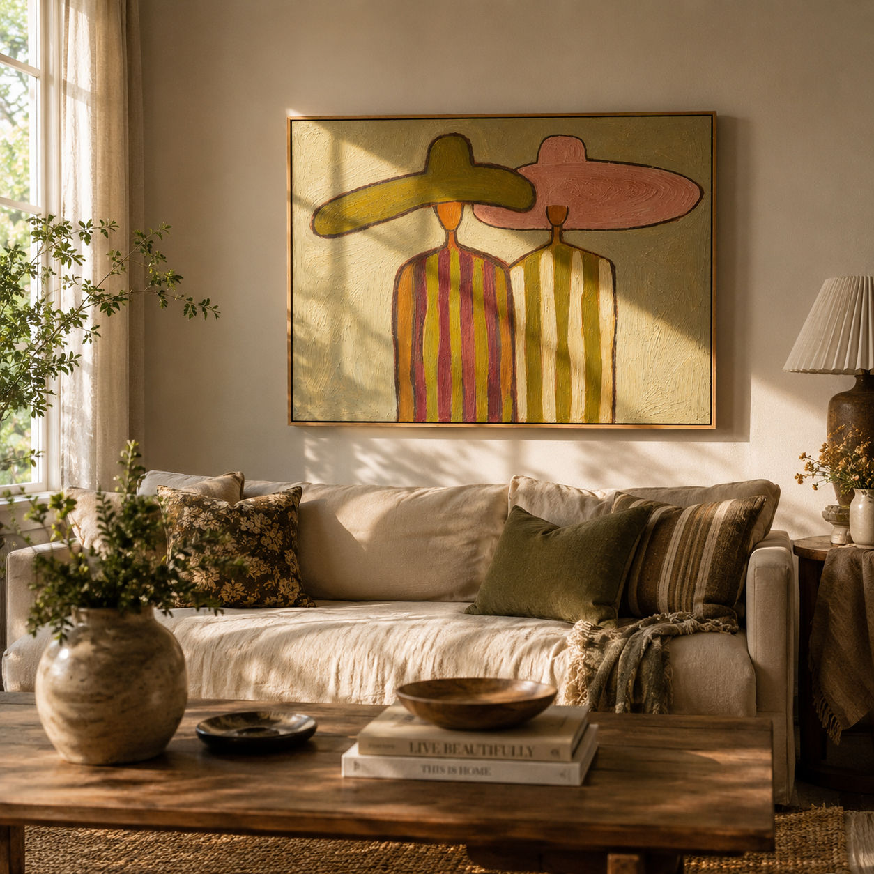"Dual Sombrero Companions" – Modern Heavy Impasto Minimal Western Figurative | 3D Muted Olive & Dusty Blush Palette Knife Painting | Luxury Horizontal Wall Art #PE 527