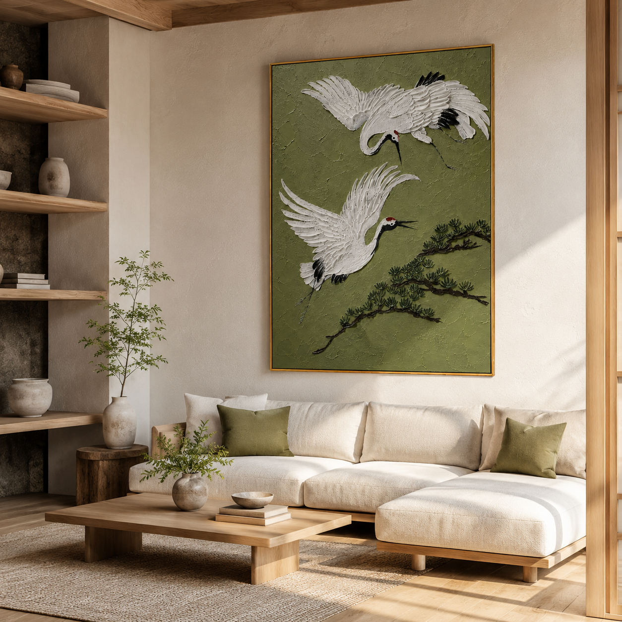 "Dual Flying Red-Crowned Cranes with Pine" – Modern Heavy Impasto Oriental Figurative Relief | 3D Muted Moss Green & Ivory White Palette Knife Painting | Luxury Vertical Wall Art #AN 151