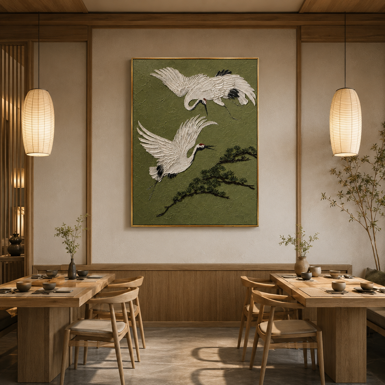 "Dual Flying Red-Crowned Cranes with Pine" – Modern Heavy Impasto Oriental Figurative Relief | 3D Muted Moss Green & Ivory White Palette Knife Painting | Luxury Vertical Wall Art #AN 151