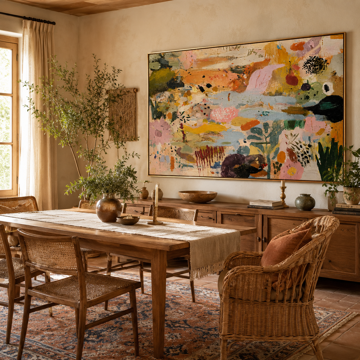 "Bohemian Garden Rhythms" – Modern Heavy Impasto Abstract Botanical | 3D Terracotta, Blush Pink & Sage Palette Knife Painting | Luxury Horizontal Wall Art #PT 907