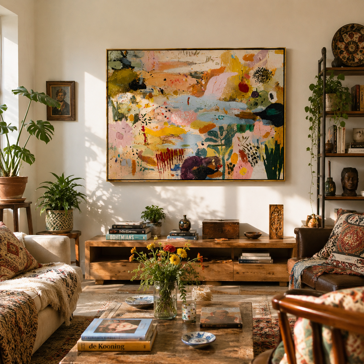 "Bohemian Garden Rhythms" – Modern Heavy Impasto Abstract Botanical | 3D Terracotta, Blush Pink & Sage Palette Knife Painting | Luxury Horizontal Wall Art #PT 907