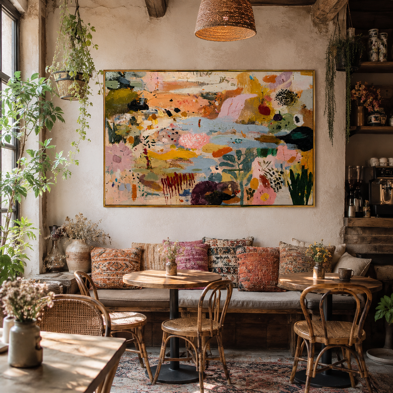 "Bohemian Garden Rhythms" – Modern Heavy Impasto Abstract Botanical | 3D Terracotta, Blush Pink & Sage Palette Knife Painting | Luxury Horizontal Wall Art #PT 907