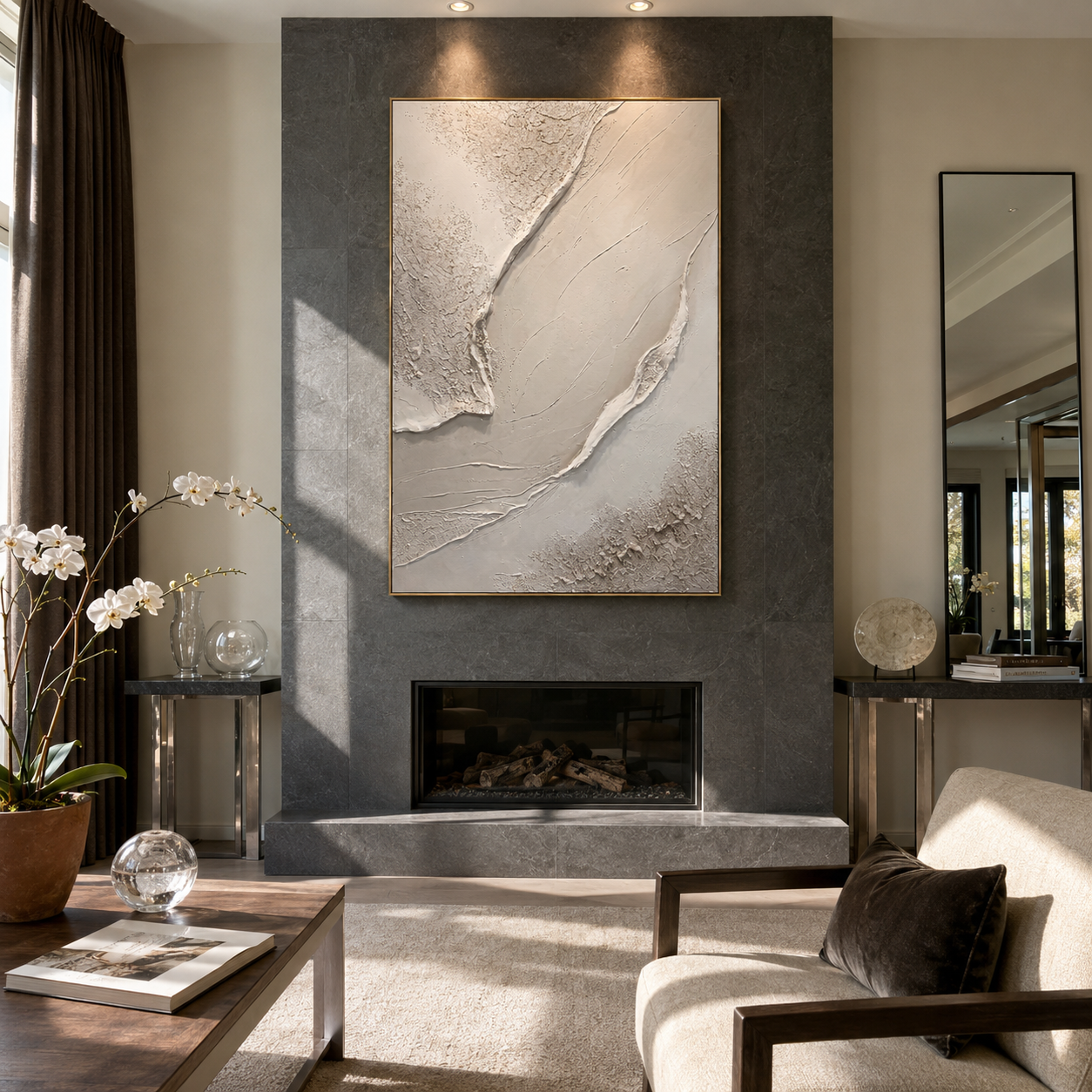 "Neutral Textured Ocean Wave Relief" – Modern Heavy Impasto Minimal Abstract Sculpture | 3D Ivory Cream & Warm Beige Palette Knife Painting | Luxury Vertical Wall Art #PT 570