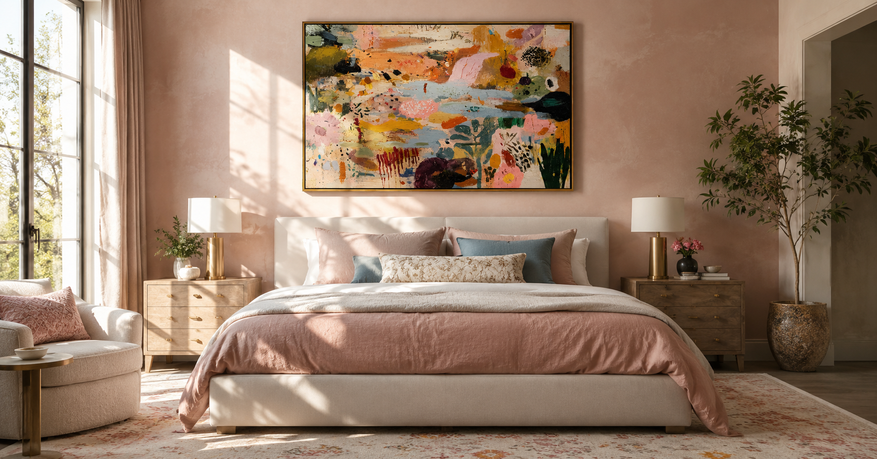 "Bohemian Garden Rhythms" – Modern Heavy Impasto Abstract Botanical | 3D Terracotta, Blush Pink & Sage Palette Knife Painting | Luxury Horizontal Wall Art #PT 907