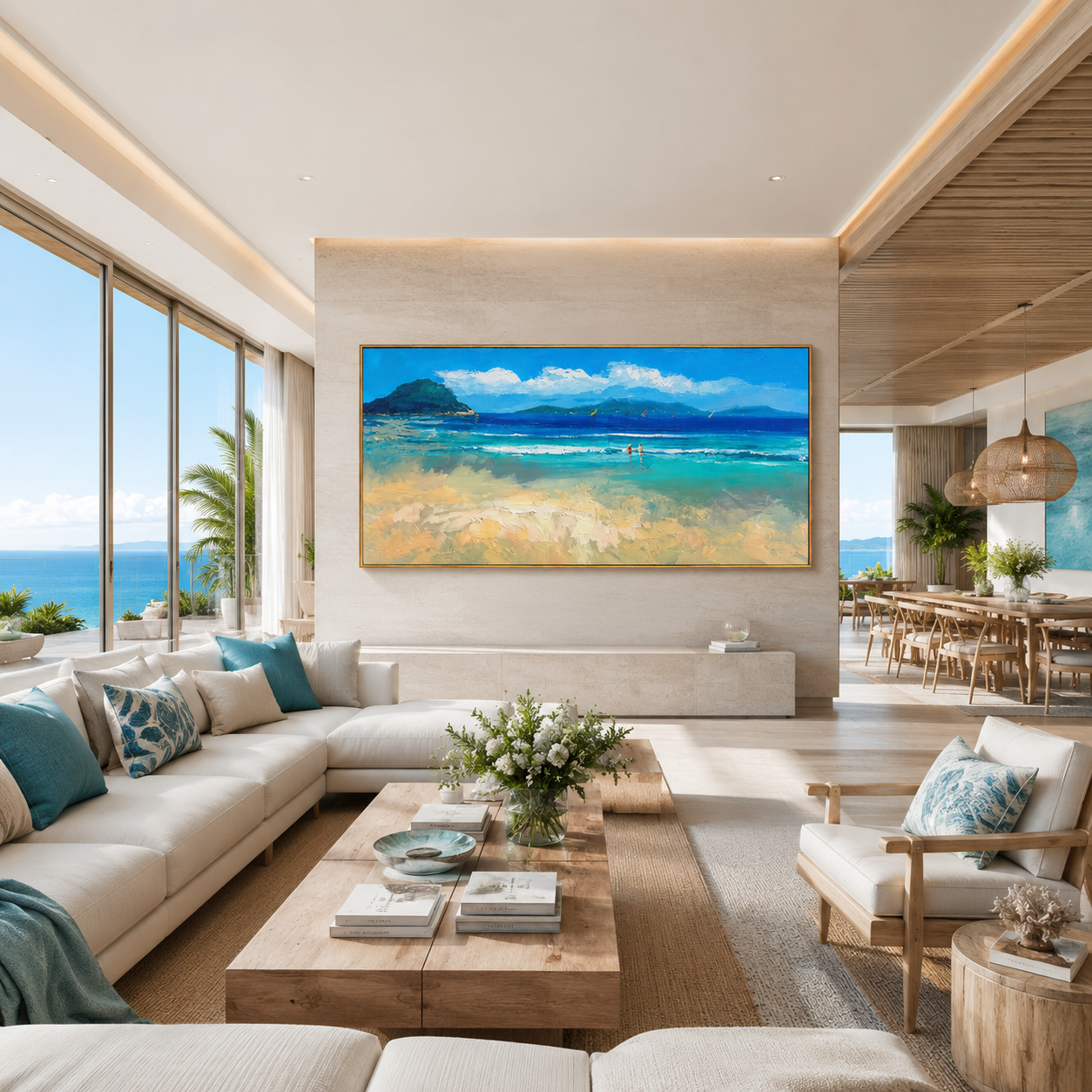 "Sunny Tropical Bay Shoreline" - Modern Heavy Impasto Impressionist Seascape | 3D Turquoise Lagoon & Warm Sand Palette Knife Painting | Luxury Horizontal Wall Art #PT 579