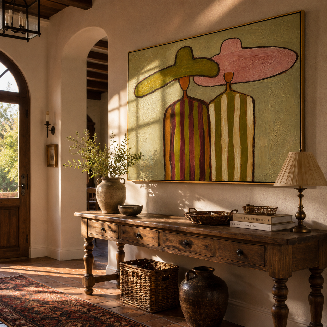 "Dual Sombrero Companions" – Modern Heavy Impasto Minimal Western Figurative | 3D Muted Olive & Dusty Blush Palette Knife Painting | Luxury Horizontal Wall Art #PE 527