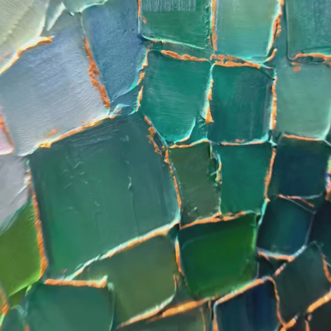 "Emerald Wilderness & Flowing Gold" – Hand-Painted Palette Knife Impasto Oil Painting | 3D Mosaic Geometric Greenery Modern Light Luxury Living Room Wall Art#PT 379