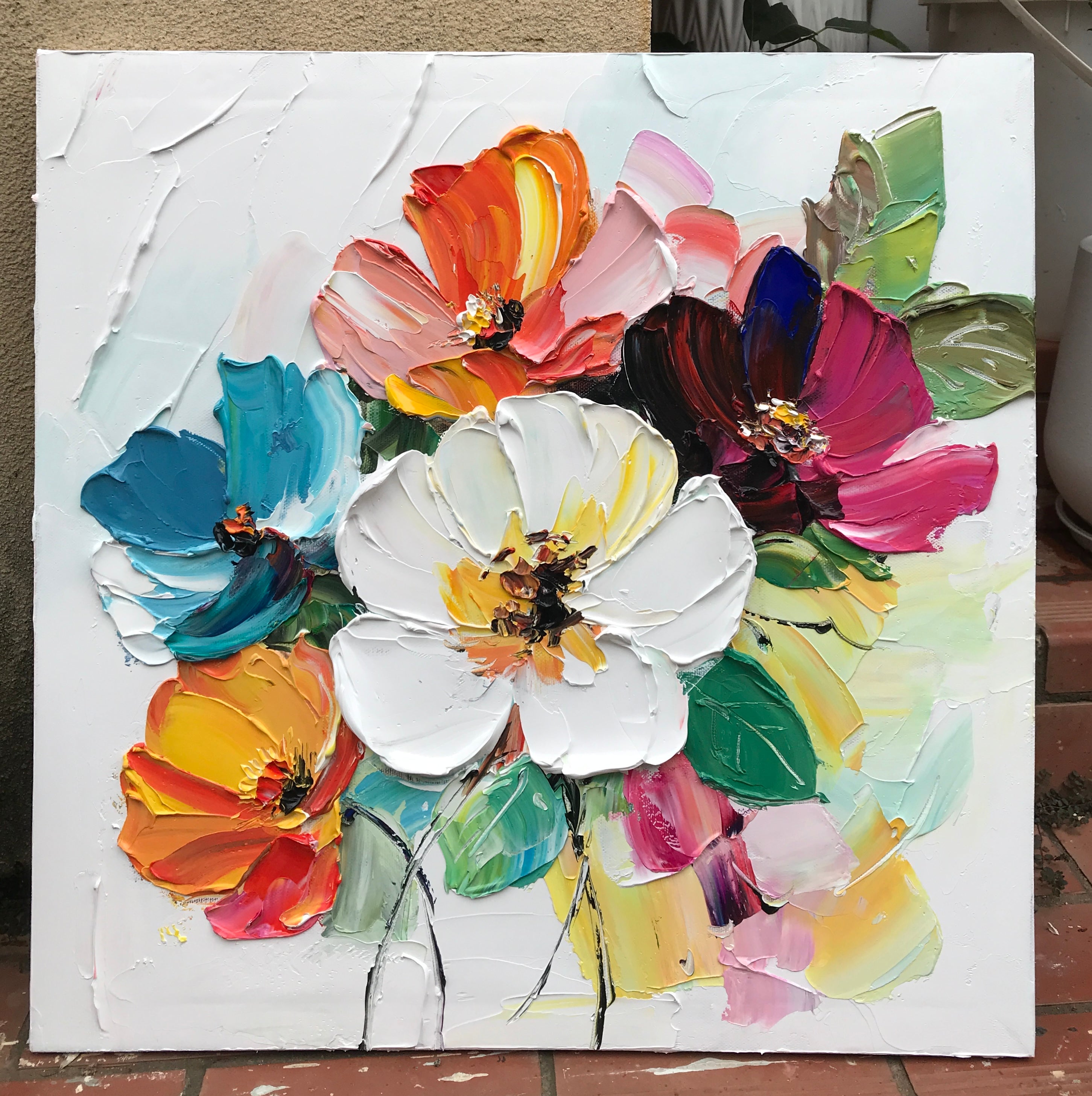 "Blooming Promise" – 100% Hand-Painted Palette Knife Heavy Texture Floral Oil Painting | Modern Vibrant Wall Art for Living Room/Dining Room#FL323