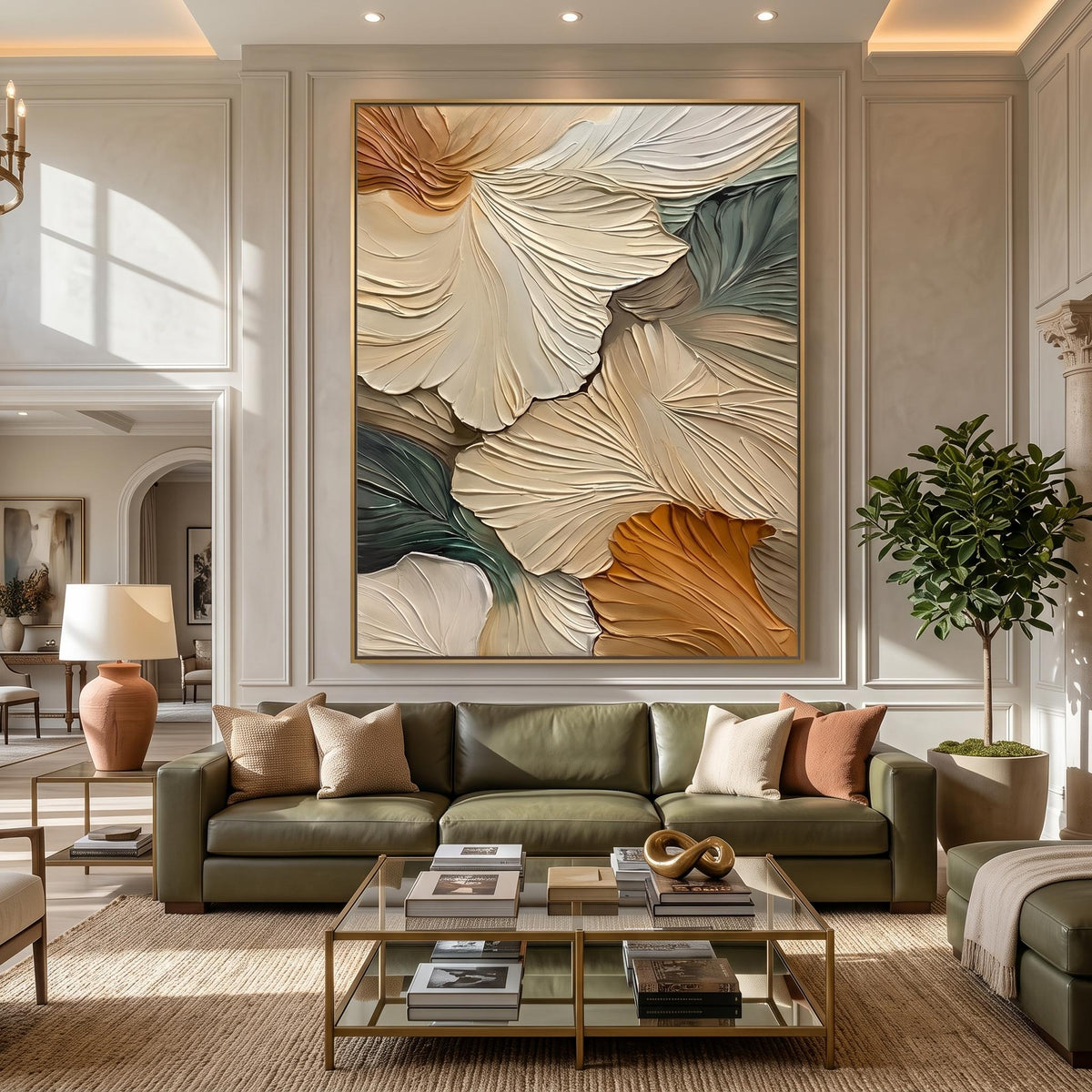 "Abstract Ginkgo Leaf" - Modern Heavy Impasto Botanical Tree Artwork | Beige Palette Knife Painting | Luxury Vertical Wall Art #PT 2615