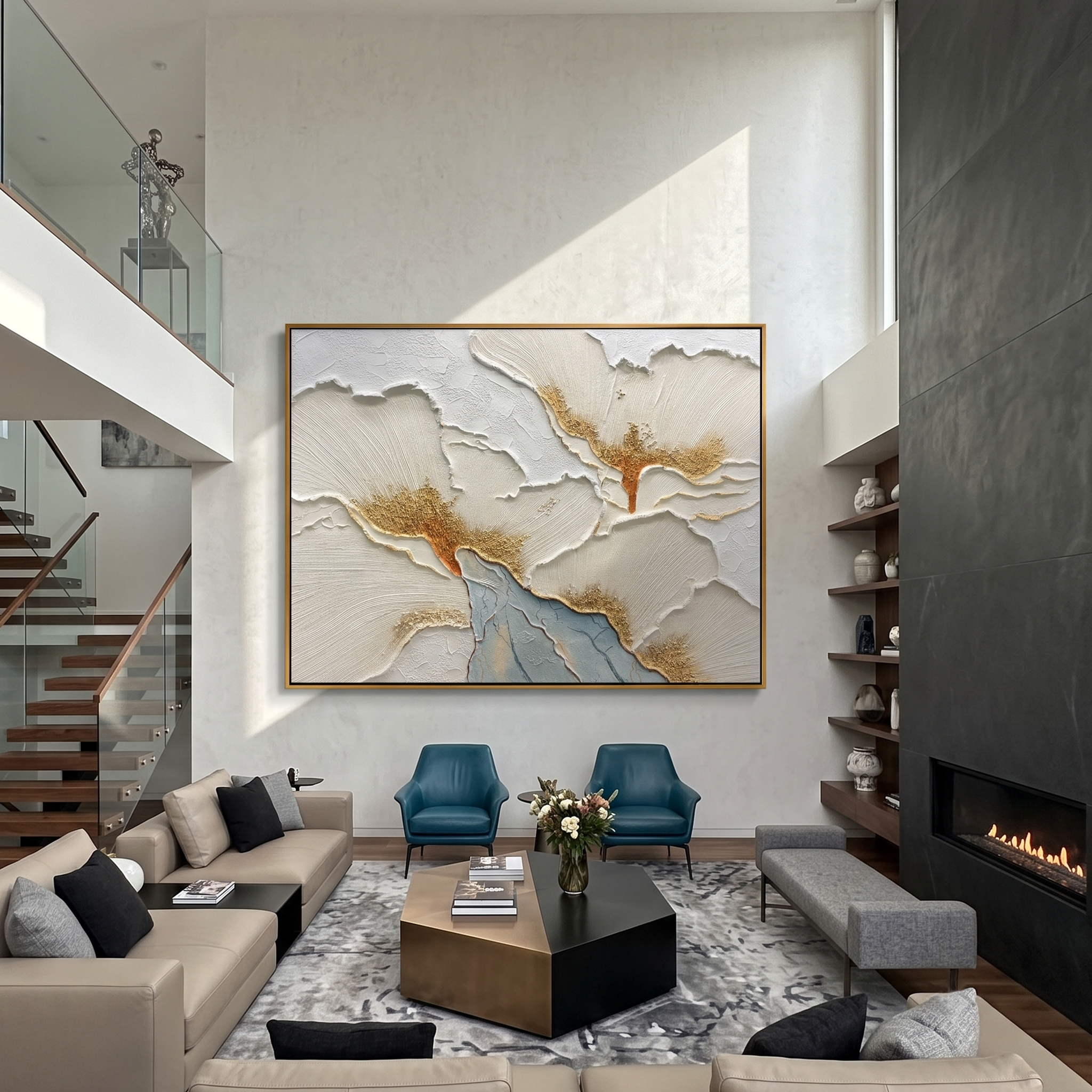 "White Blossom Relief" - Modern Textured Floral Art | 3D Ivory & Gold Impasto Canvas Painting | Luxury Horizontal Wall Art #PT 595
