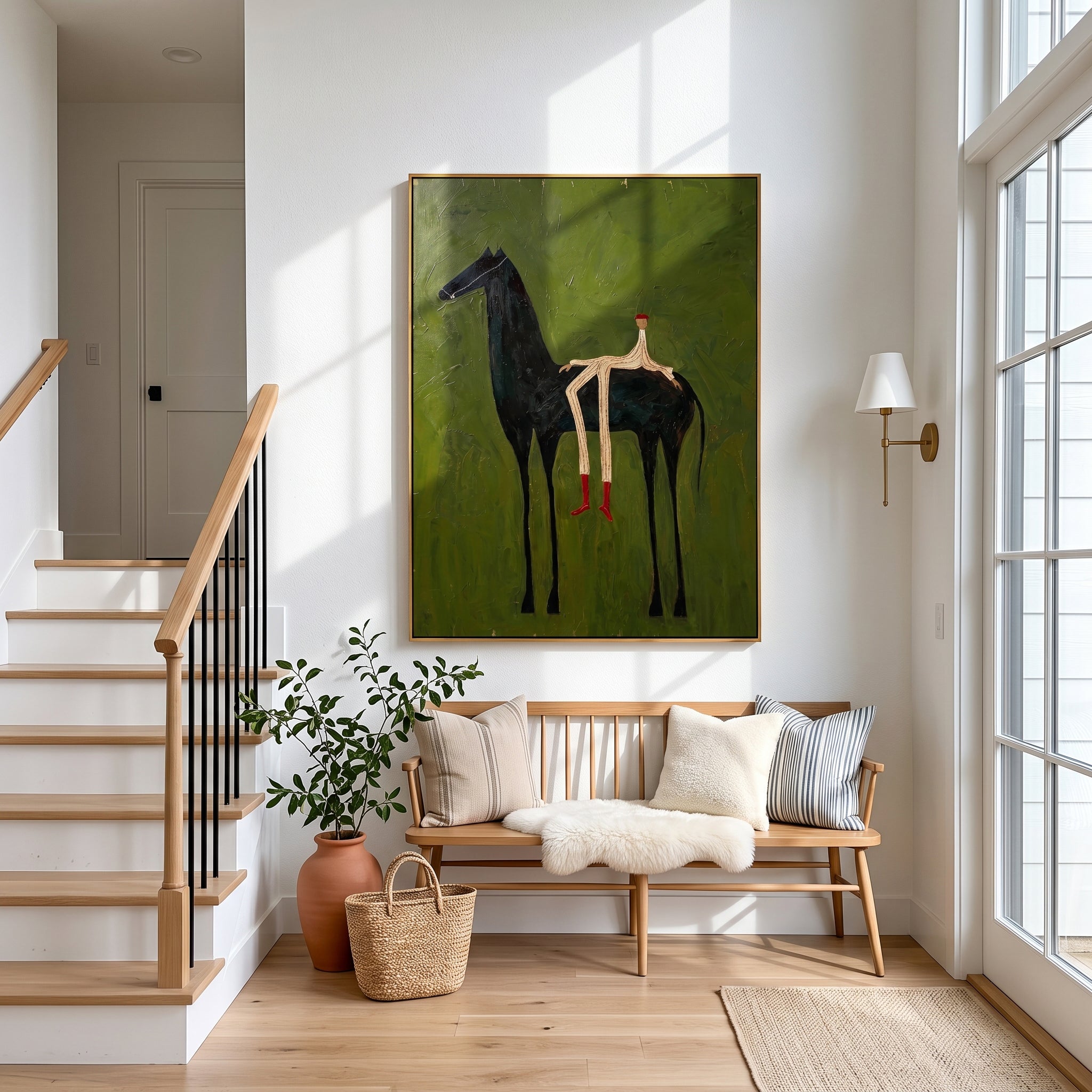 "Whimsical Slender Rider & Black Steed" – Modern Heavy Impasto Primitive Surreal Figurative | 3D Moss Olive & Crimson Red Palette Knife Painting | Luxury Vertical Wall Art #AB 526