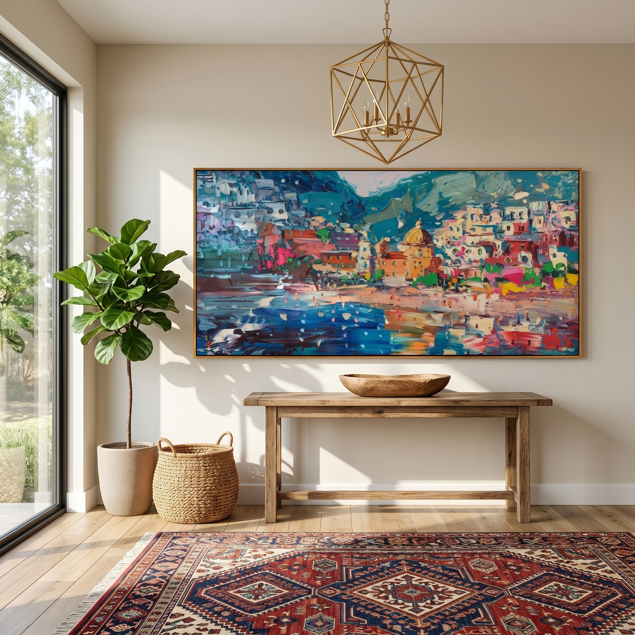 "Pastel Positano Beach Harbor" - Modern Heavy Impasto Mediterranean Landscape | 3D Turquoise Sea & Multicolored Village Palette Knife Painting | Luxury Horizontal Wall Art #PT 582
