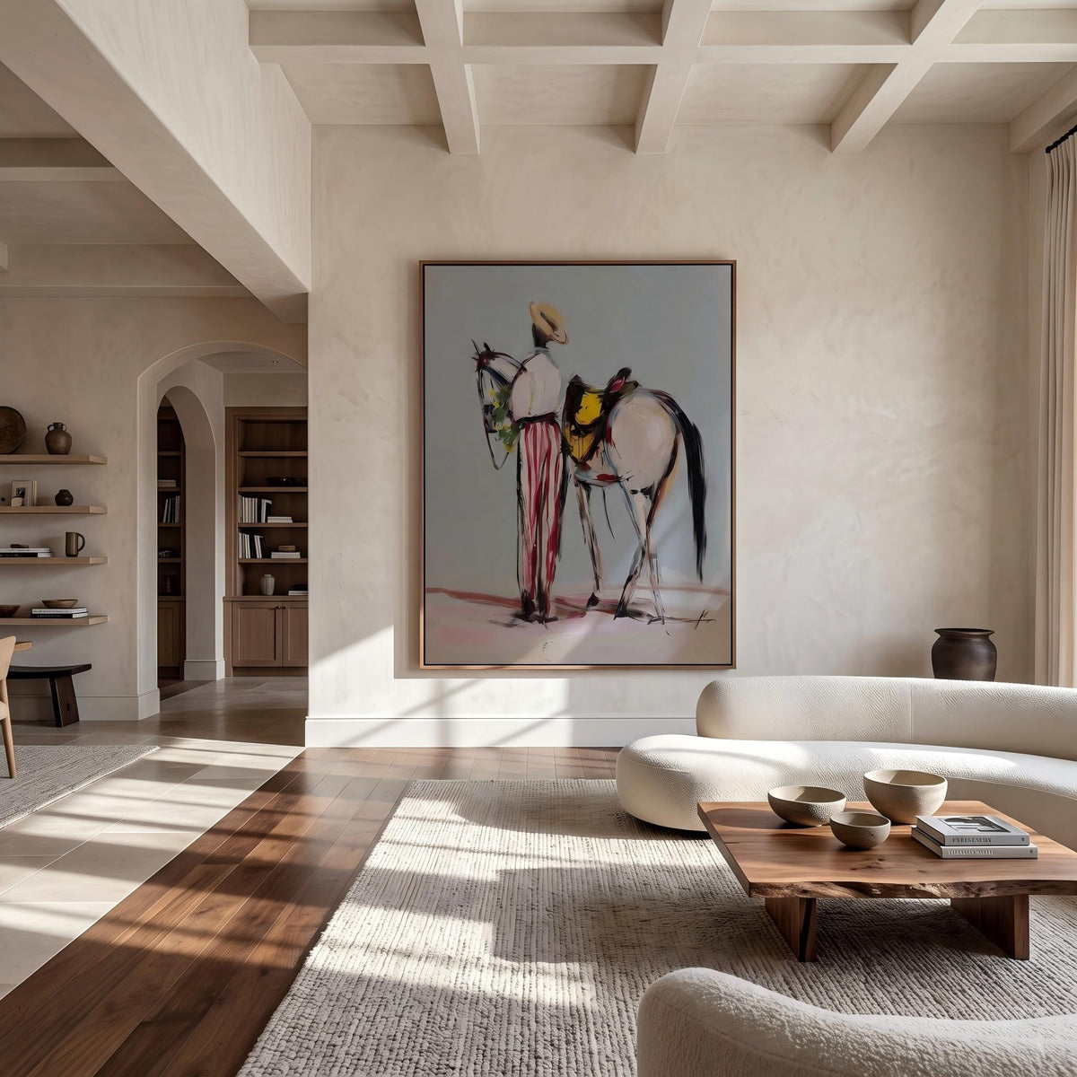 "Western Cowboy and Horse" - Modern Heavy Impasto Western Animal Artwork | White Palette Knife Painting | Luxury Vertical Wall Art #PT 2637