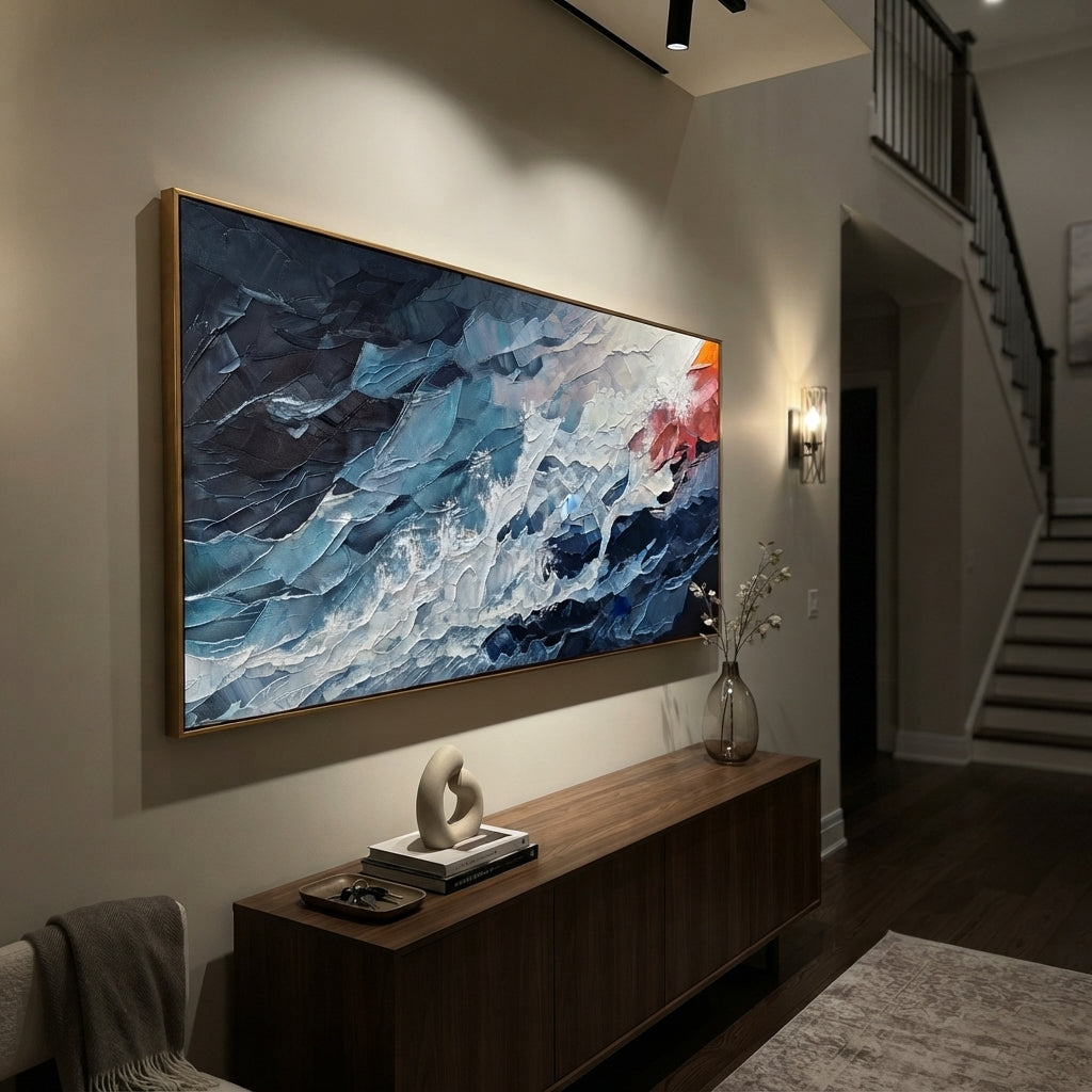 "Azure Ocean Passage" is a 100% hand-painted seascape created with professional oil and acrylic paints on high-quality canvas. Its blue & red palette and visible textured strokes give every piece authentic handmade variation and tactile depth.
