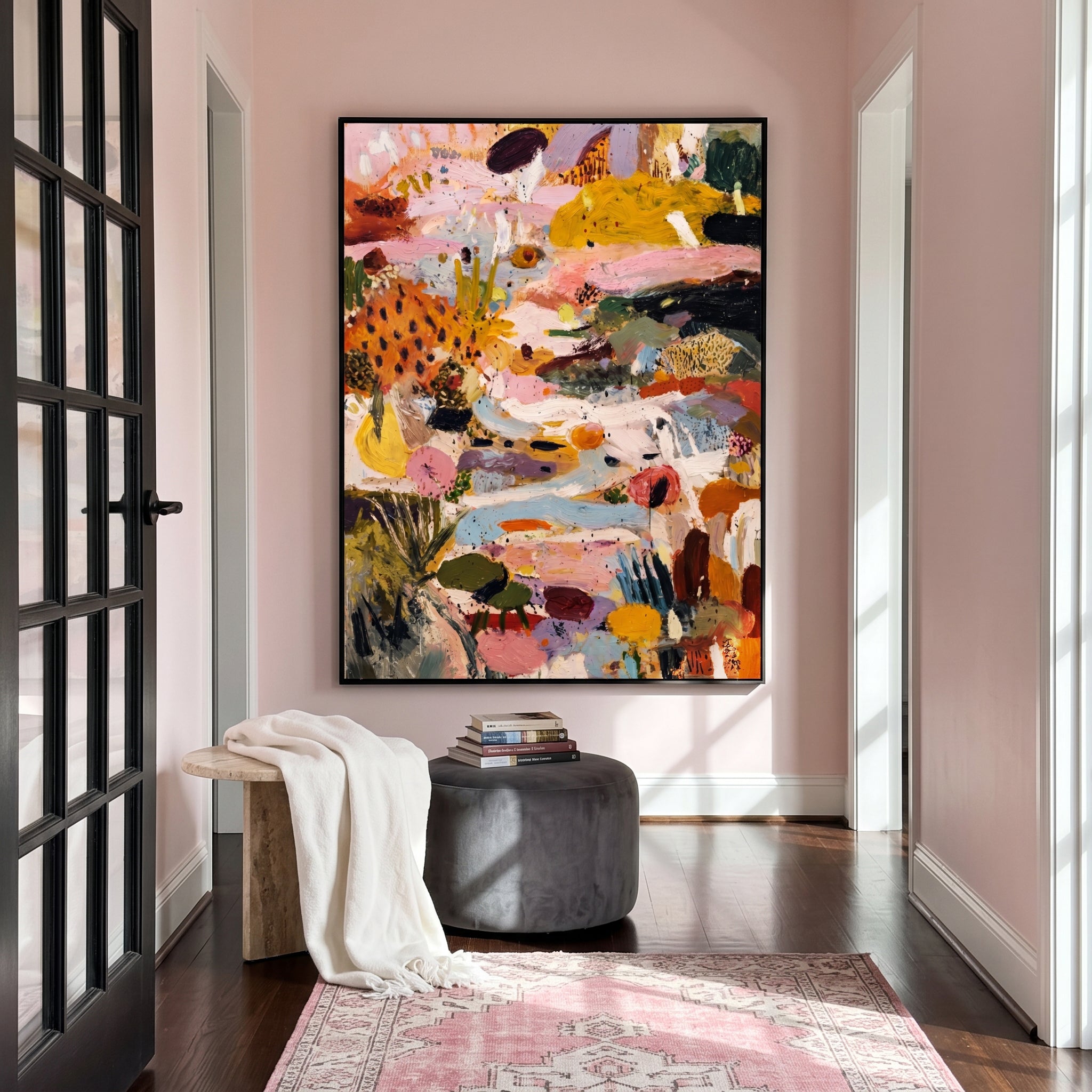 "Vibrant Wild Garden Abstract Chaos" – Modern Heavy Impasto Expressionist Floral Abstract | 3D Mustard Ochre & Blush Pink Palette Knife Painting | Luxury Vertical Wall Art #PT 572