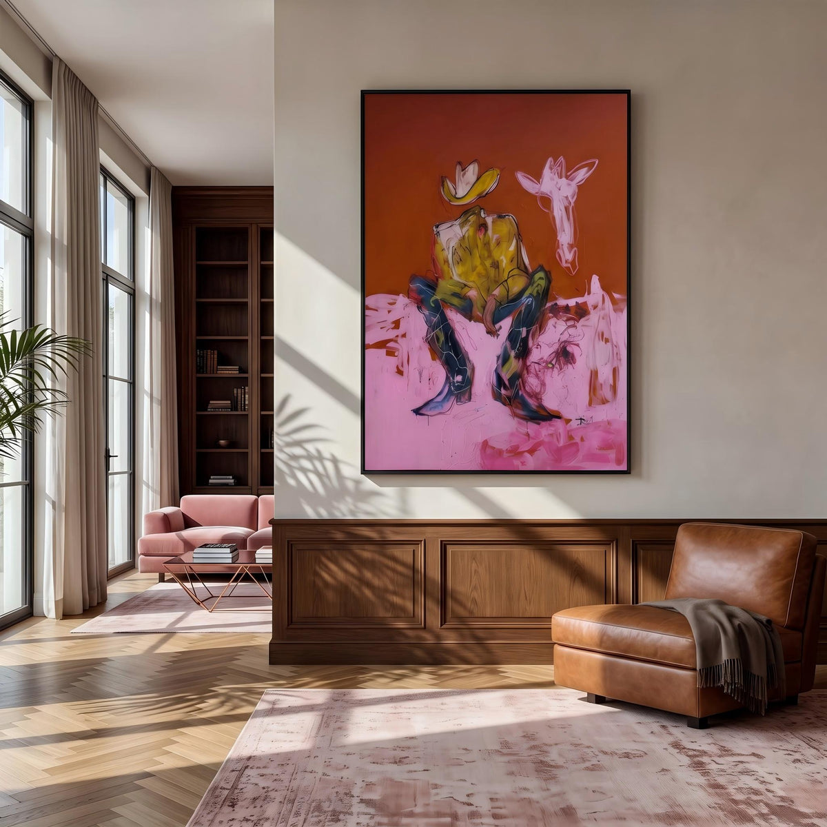 "Squatting faceless cowboy" - Modern Heavy Impasto Western Animal Artwork | Pink Palette Knife Painting | Luxury Vertical Wall Art #PT 2645