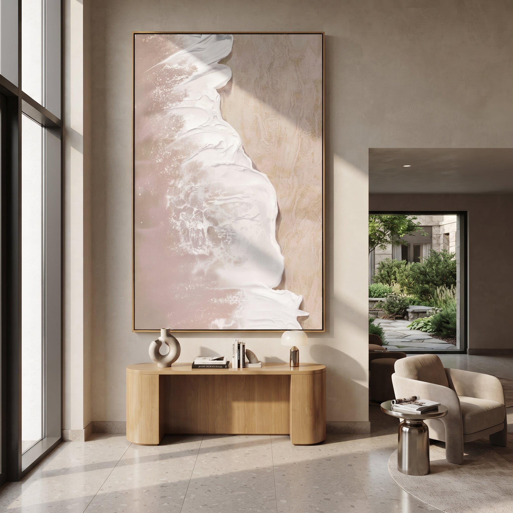 "Sand Tidal Glow" is a 100% hand-painted seascape created with professional oil and acrylic paints on high-quality canvas. Its beige & white palette and visible textured strokes give every piece authentic handmade variation and tactile depth.
