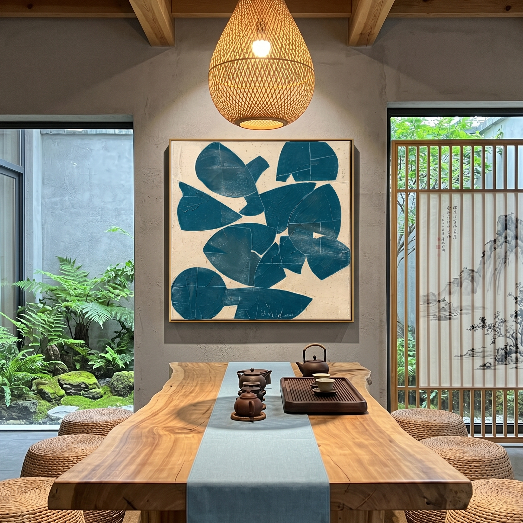 "Deep Blue Narrative" – Mid-Century Modern Geometric Collage | Minimalist Prussian Blue Textured Statement Art #AB1021